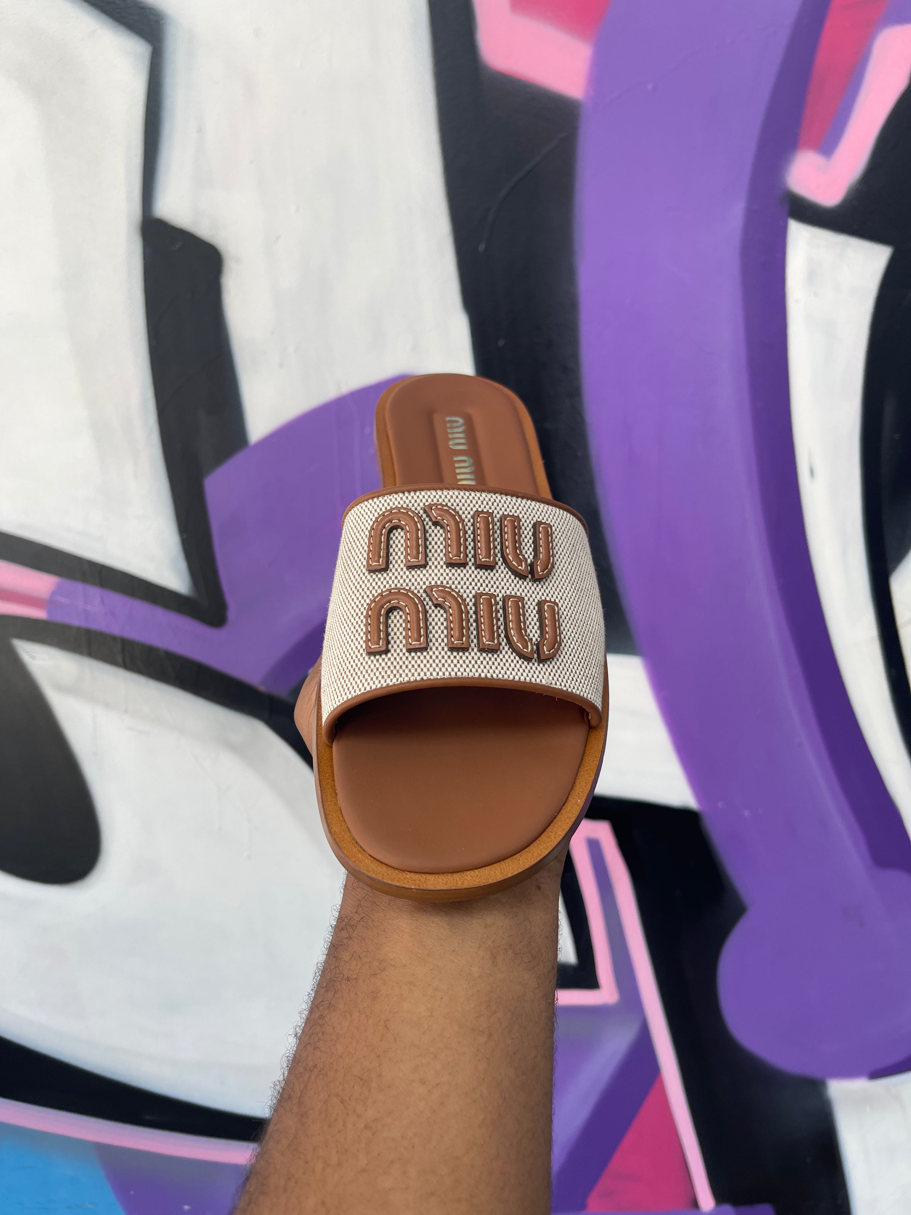 Miu Miu Brown Canvas Logo Flat Slides