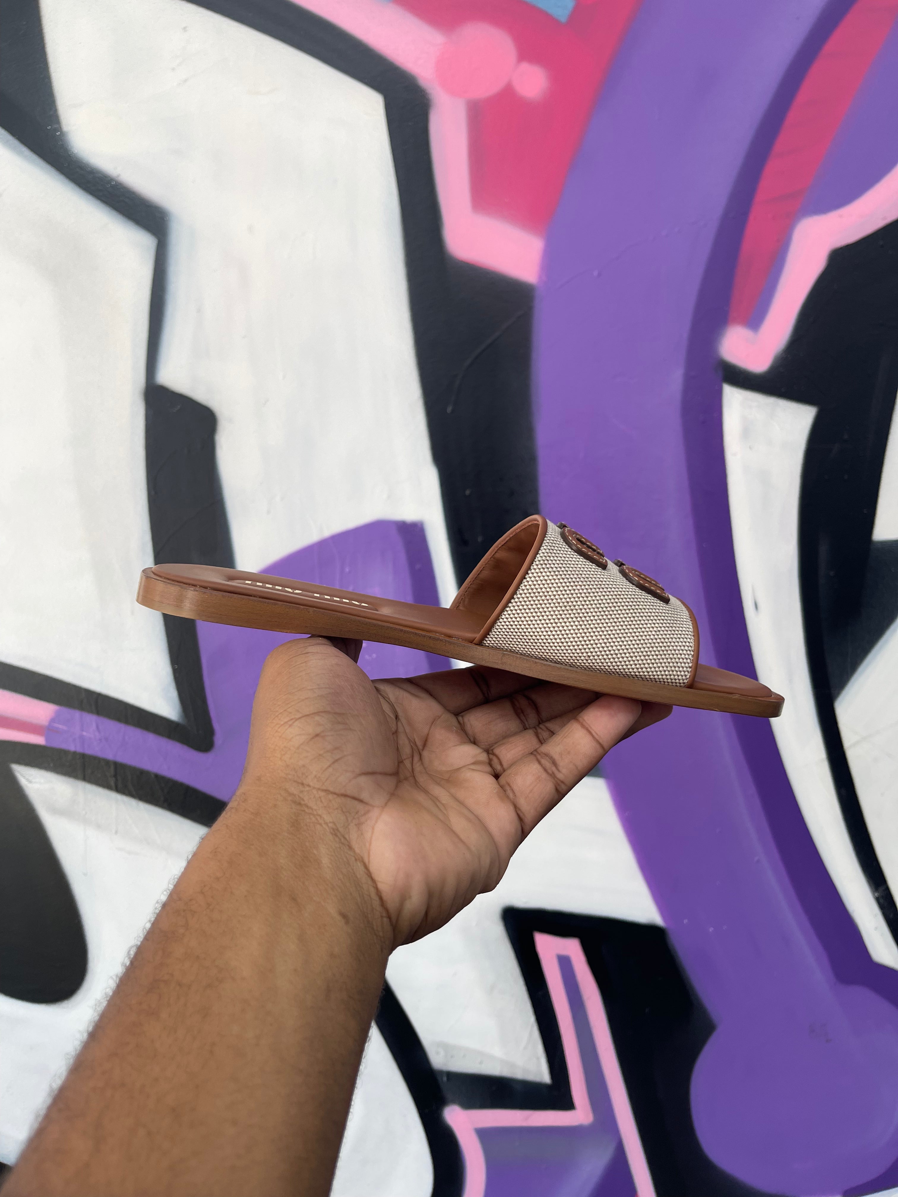 Miu Miu Brown Canvas Logo Flat Slides