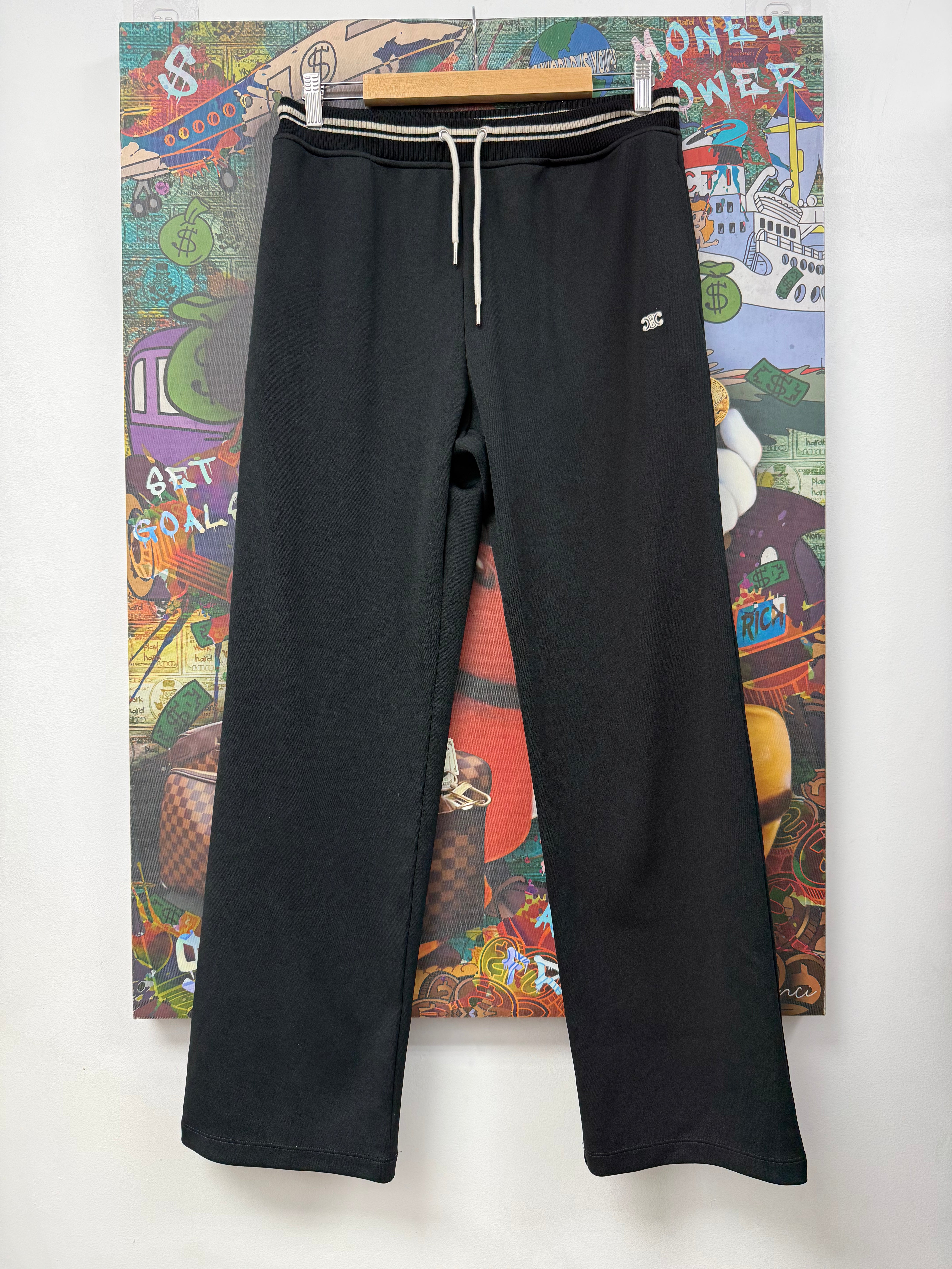 Celine Black Cream Triomphe Logo Track Pants