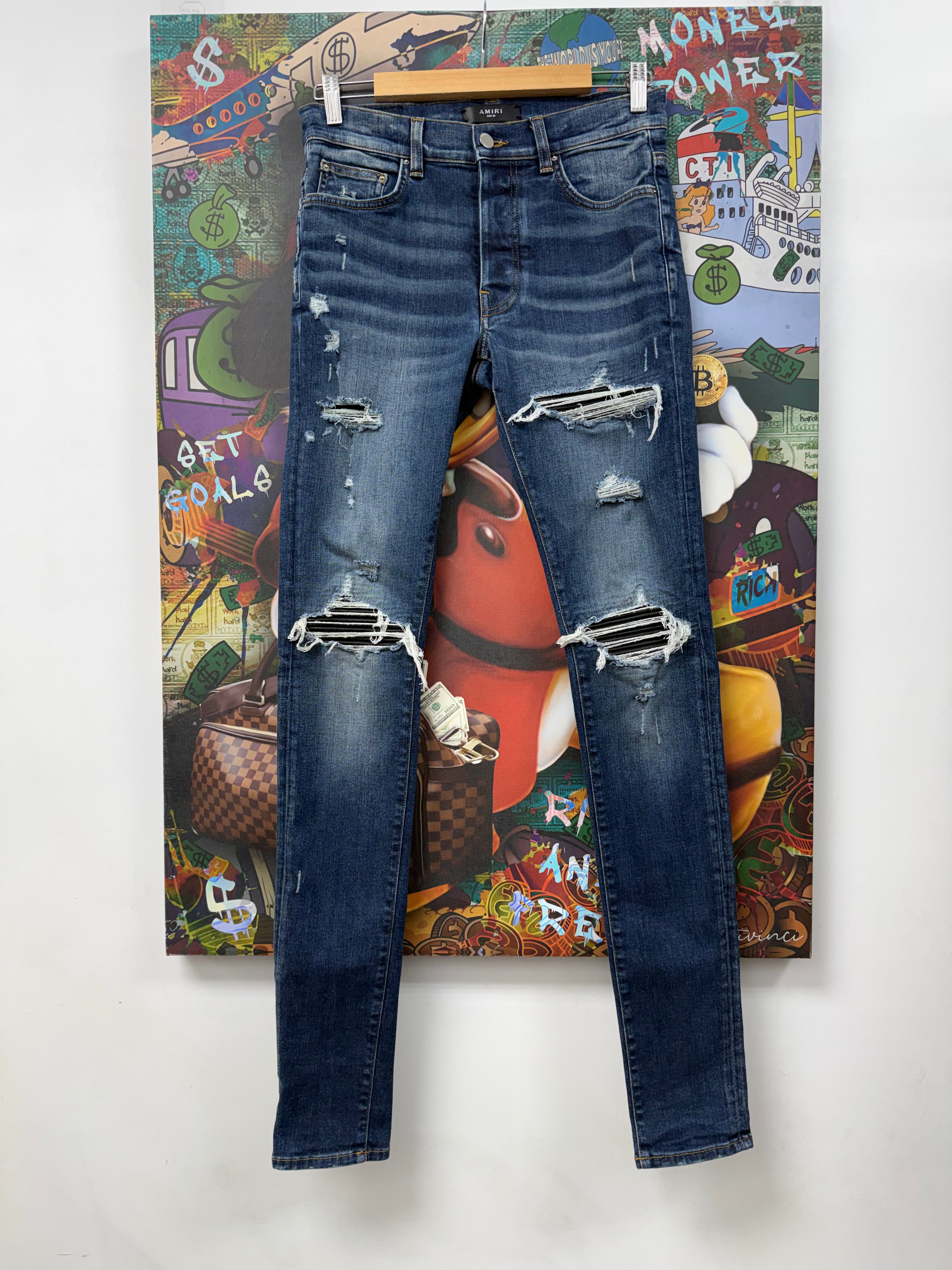 Amiri MX1 Navy Wash Black Leather Patch Jeans