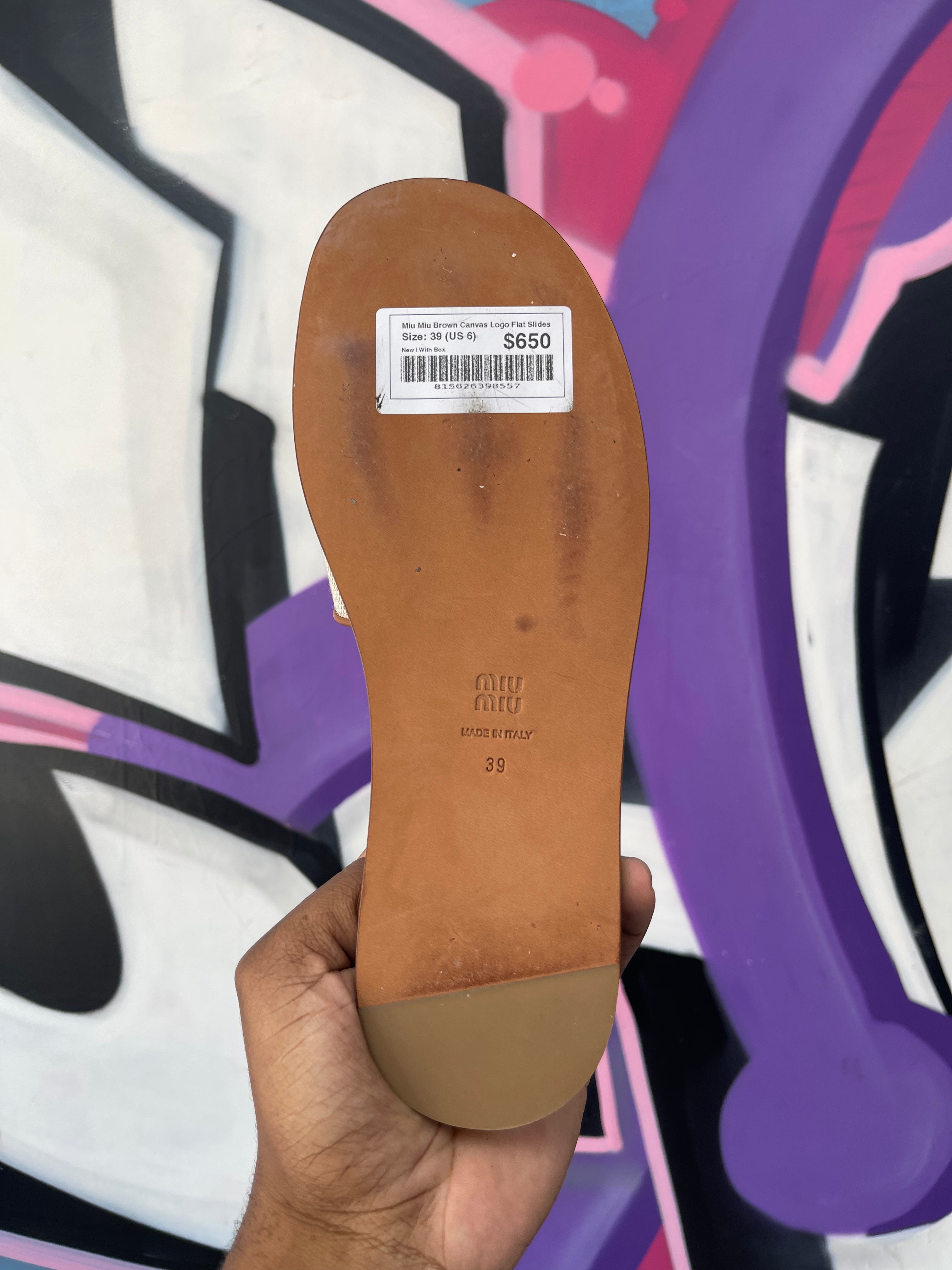 Miu Miu Brown Canvas Logo Flat Slides