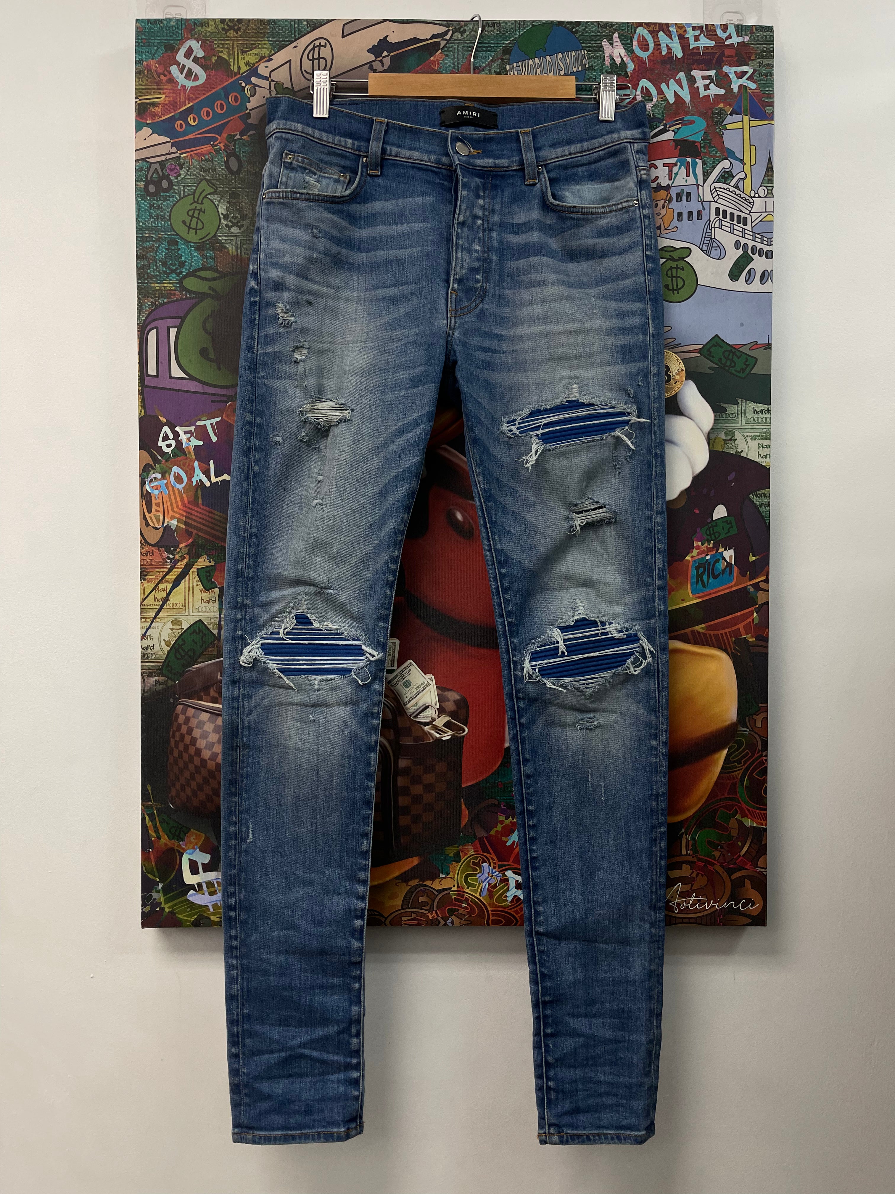 Amiri Light Wash Blue Suede Patch MX1 Jeans