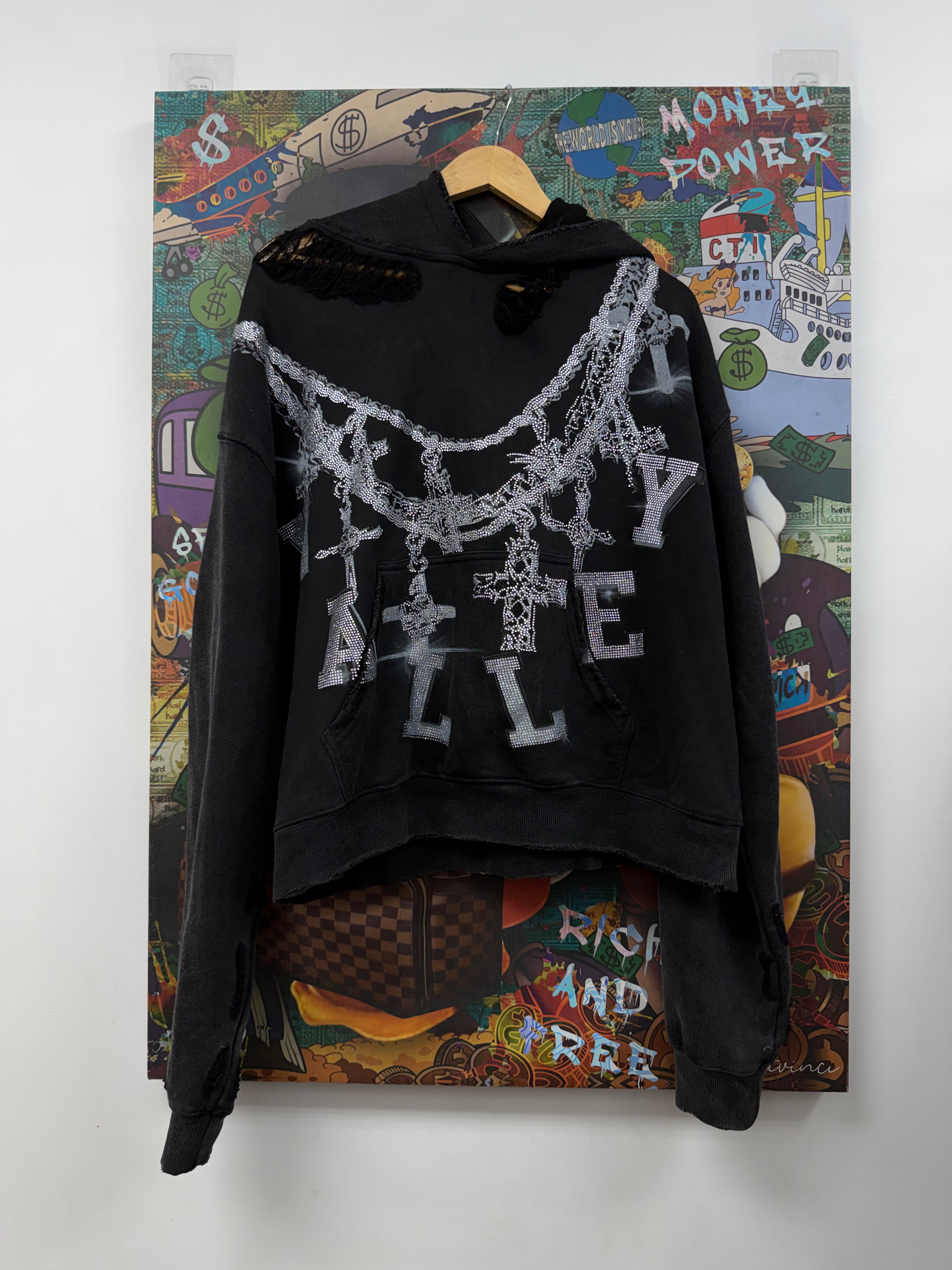 Vale Black Distressed Big Chain Bejeweled Hoodie