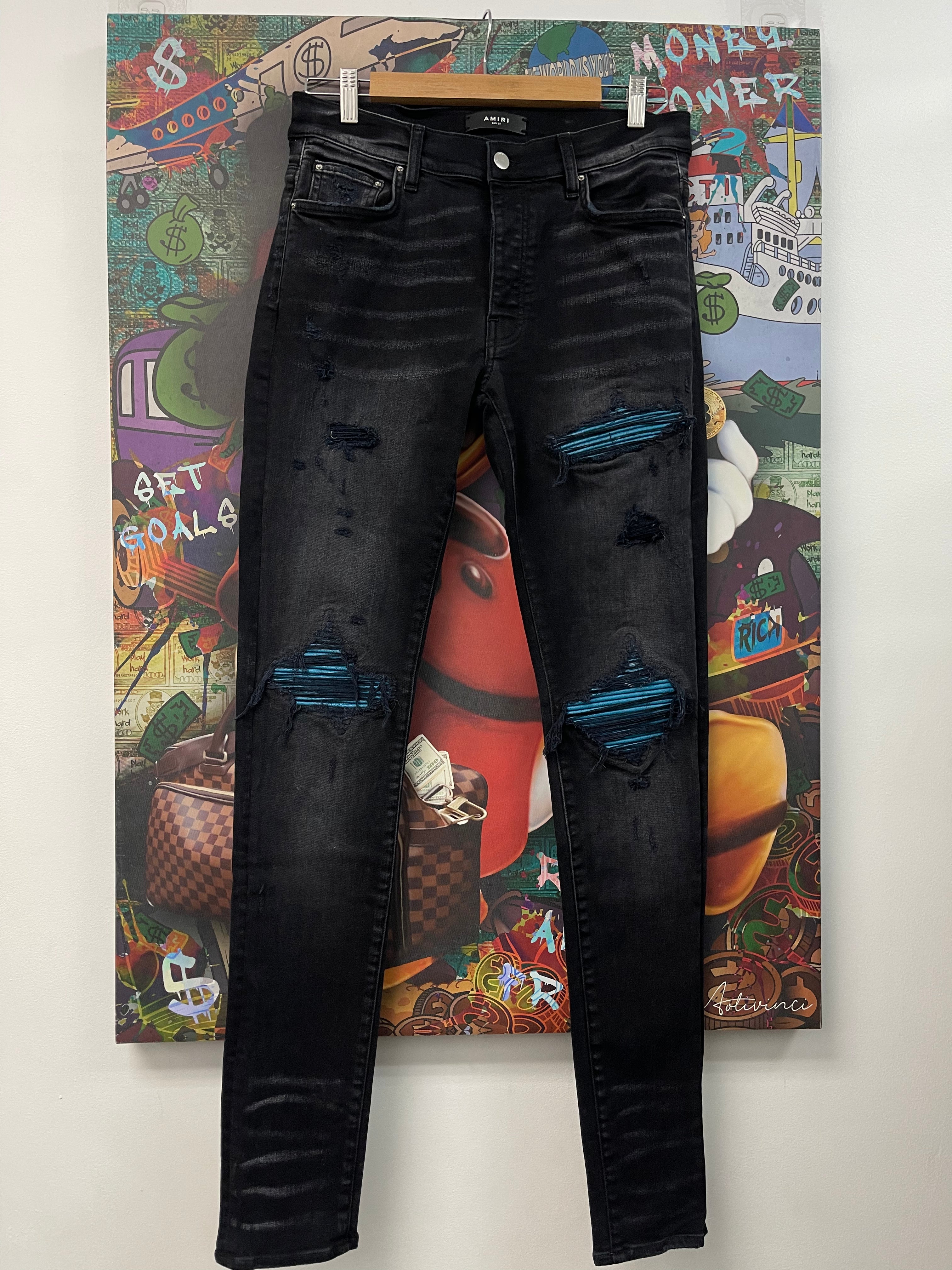 Amiri Black Wash Blue Crackle Patch MX1 Jeans