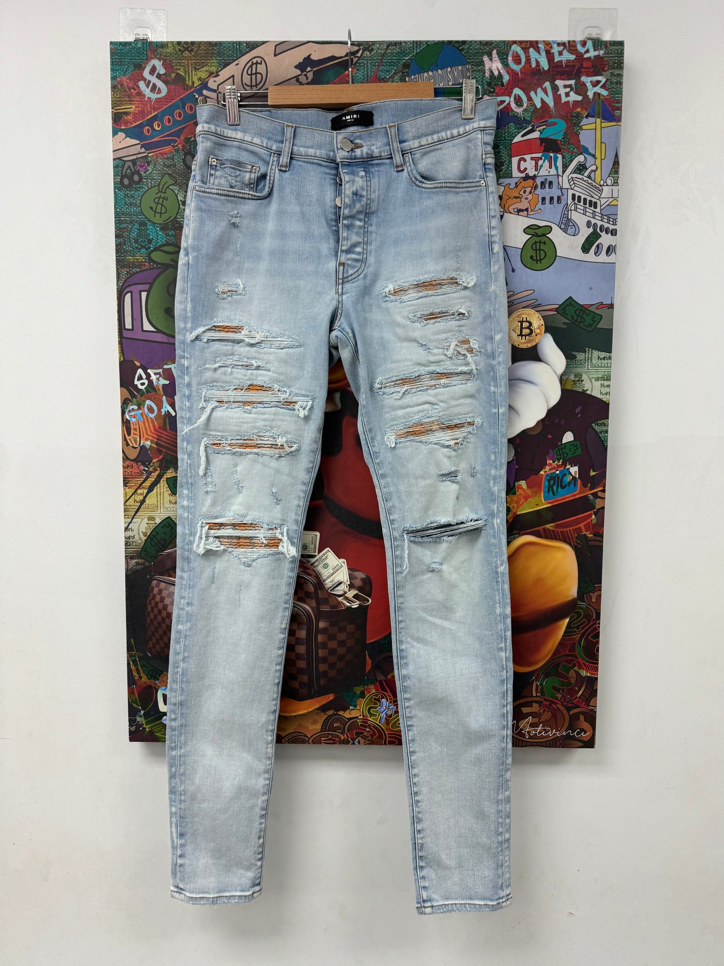 Amiri Jeans Light Wash Tan Plaid Thrasher Patch Used 34 N/A