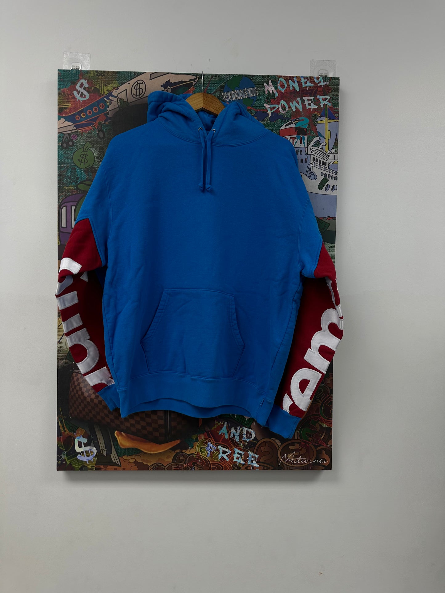 Supreme Hoodie Blue Red Sleeve Logo New Large N/A