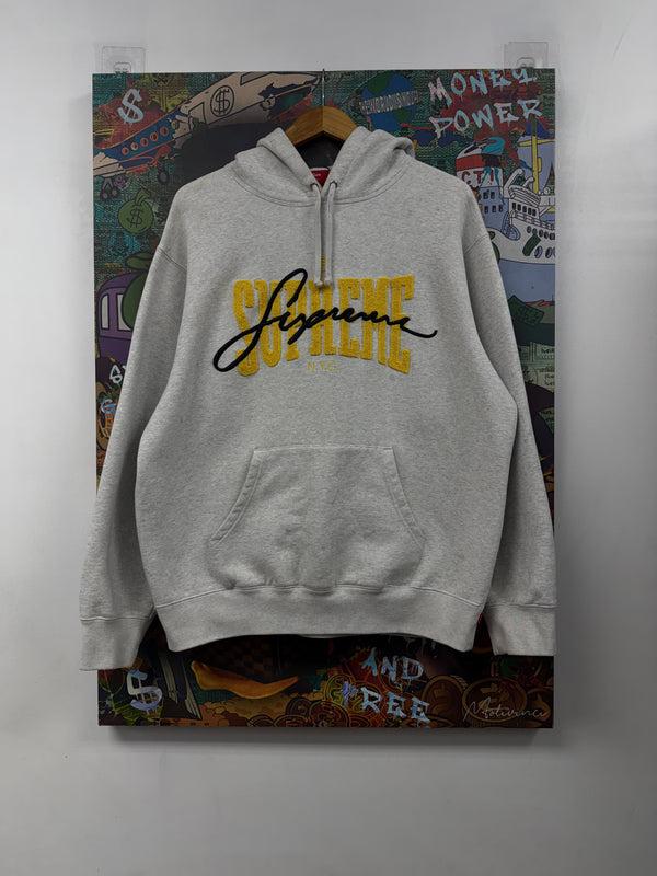 Supreme Grey Yellow Black Script Hoodie