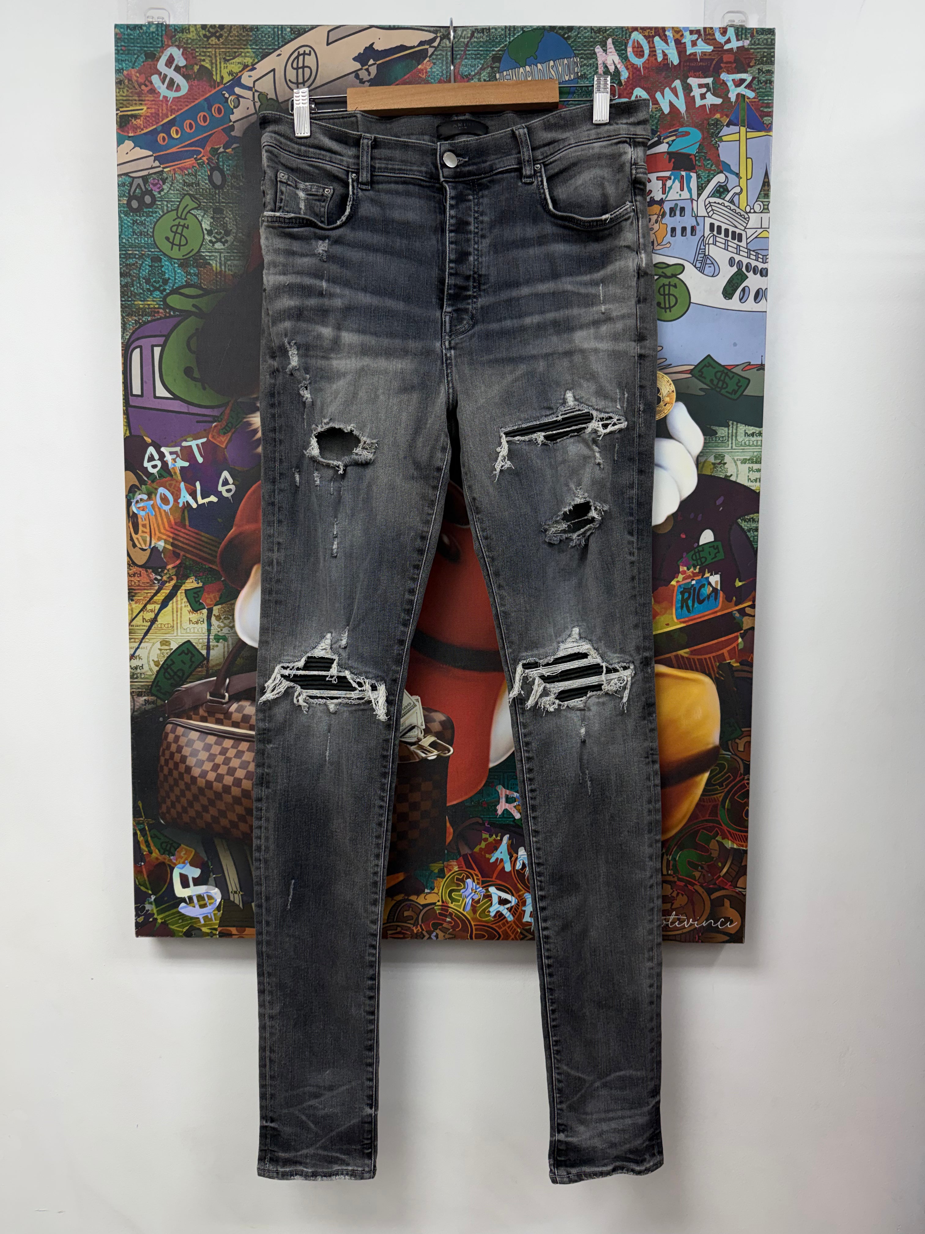 Amiri MX1 Grey Black Leather Patch Jeans