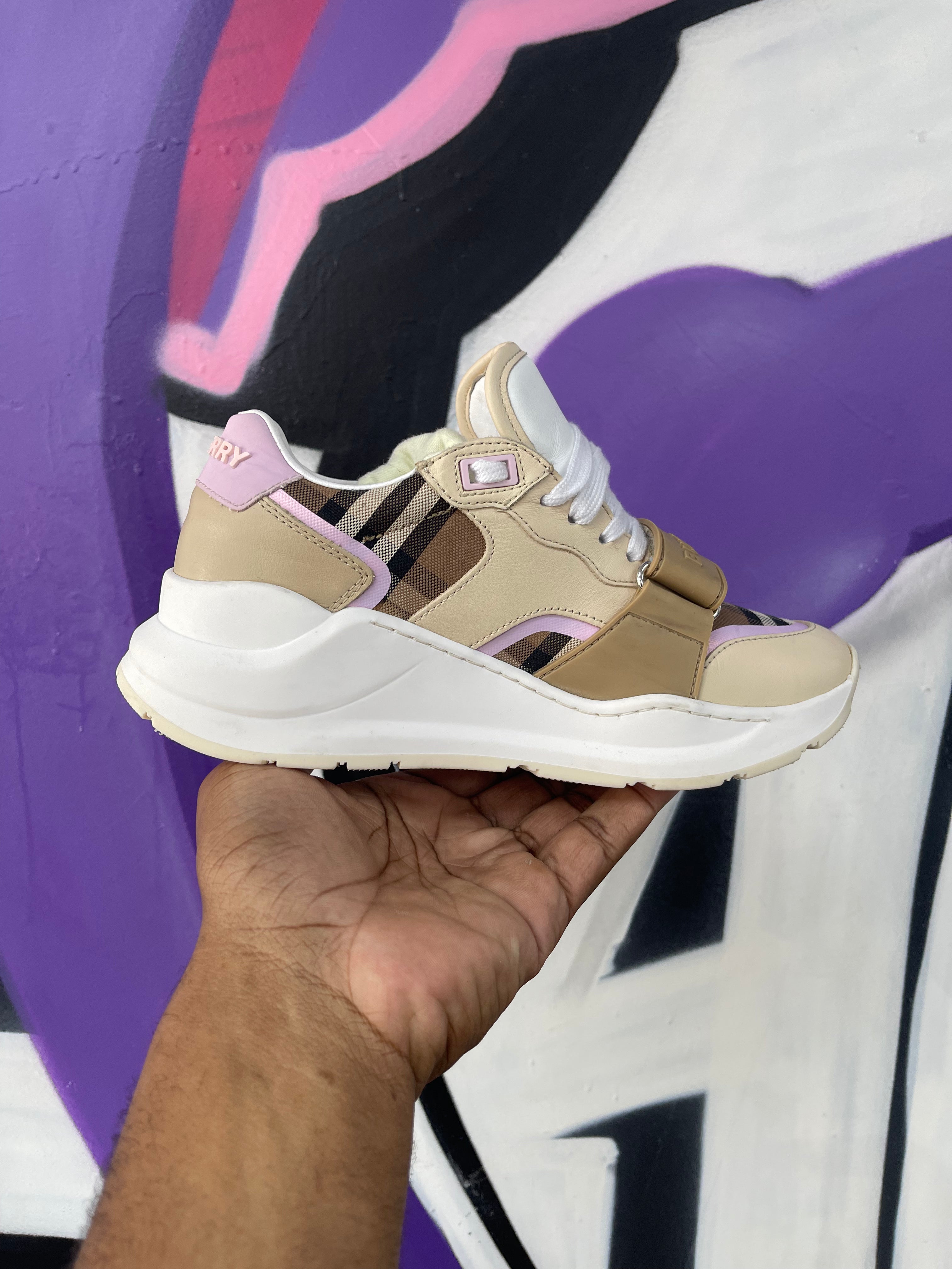 Burberry Tan Pink Ramsey Strap Sneakers