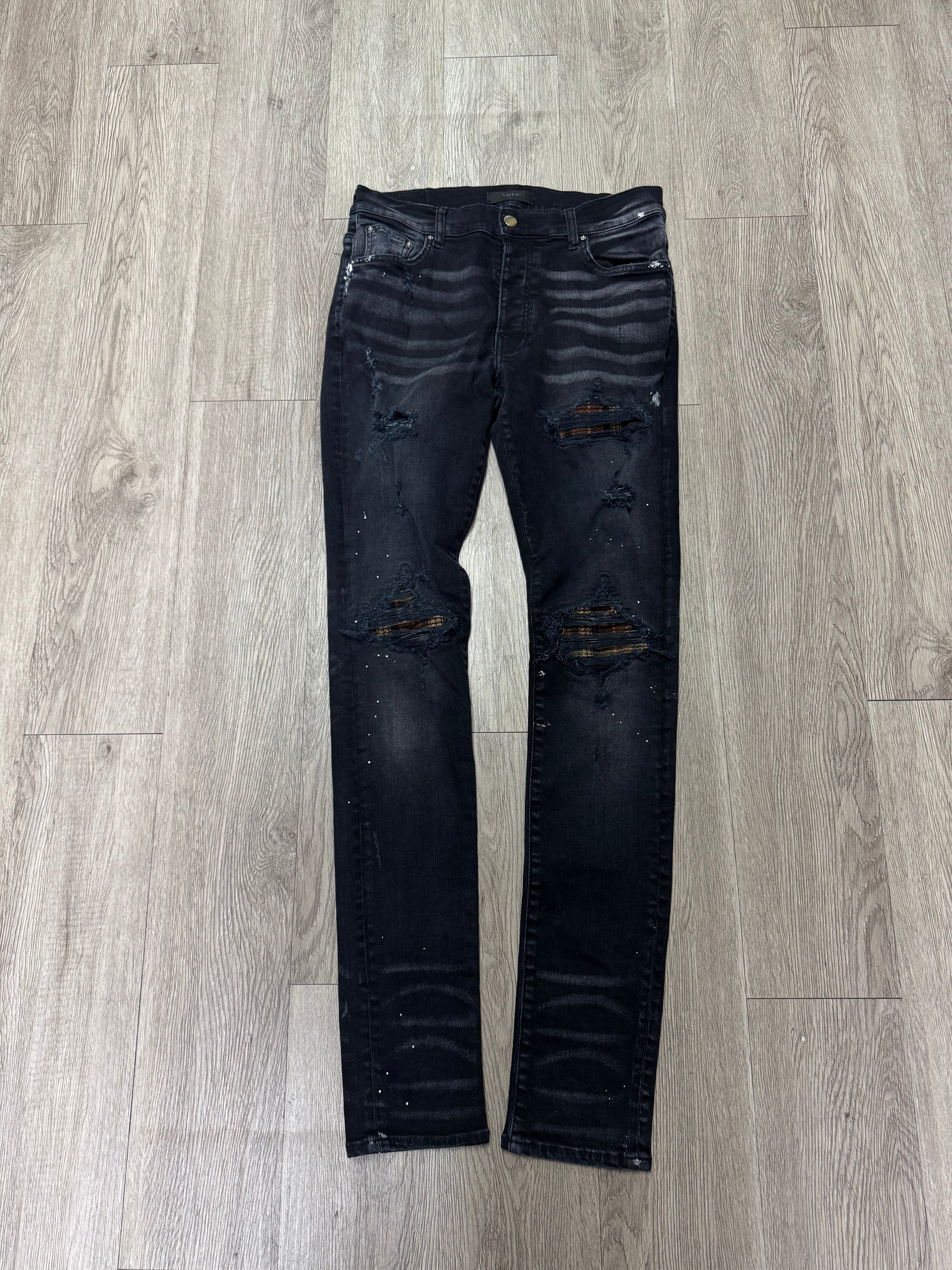 Amiri MX1 Black Brown Plaid Patch Jeans