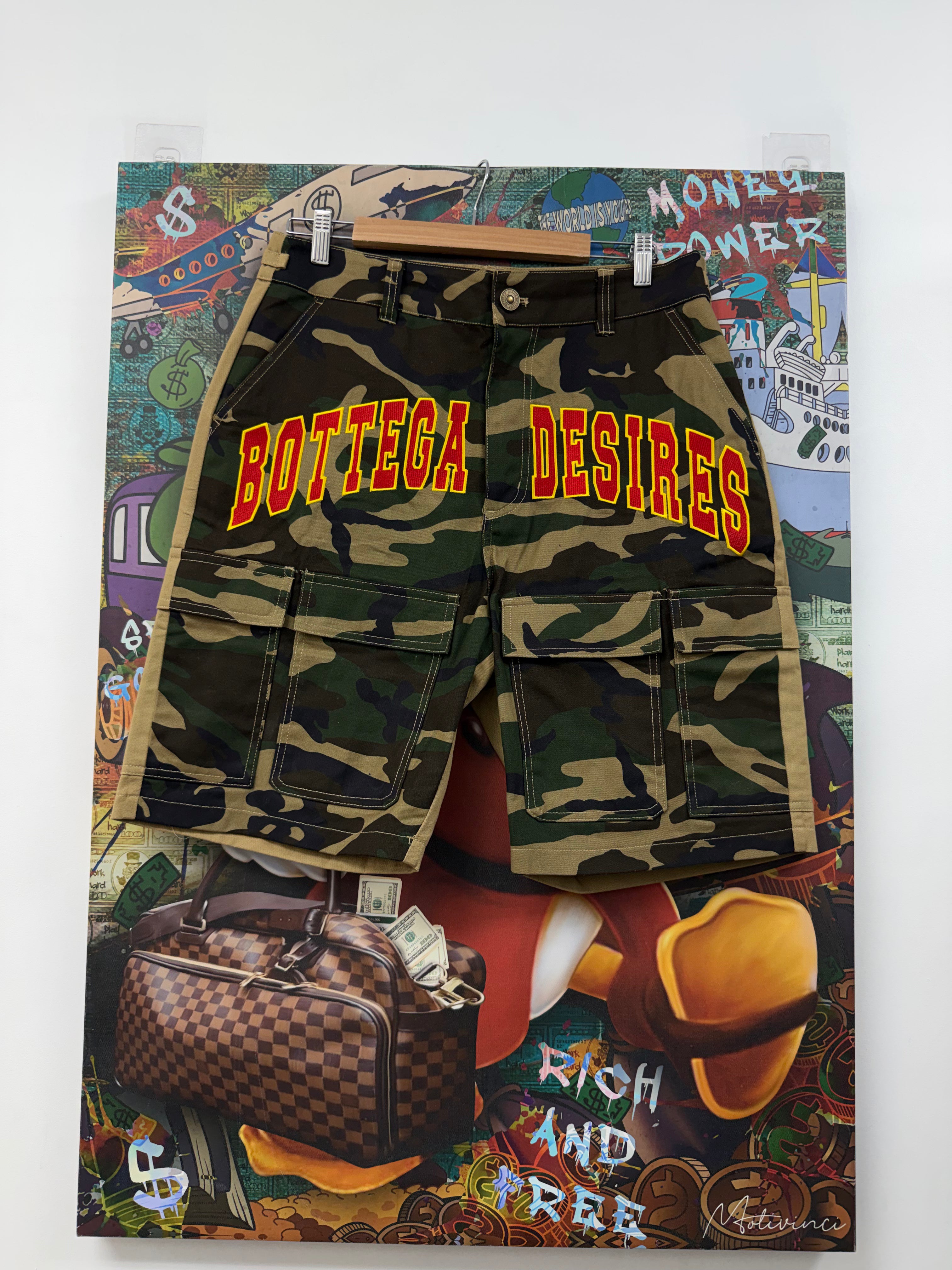 Bottega Desires Split Camo Red Arch Logo Shorts