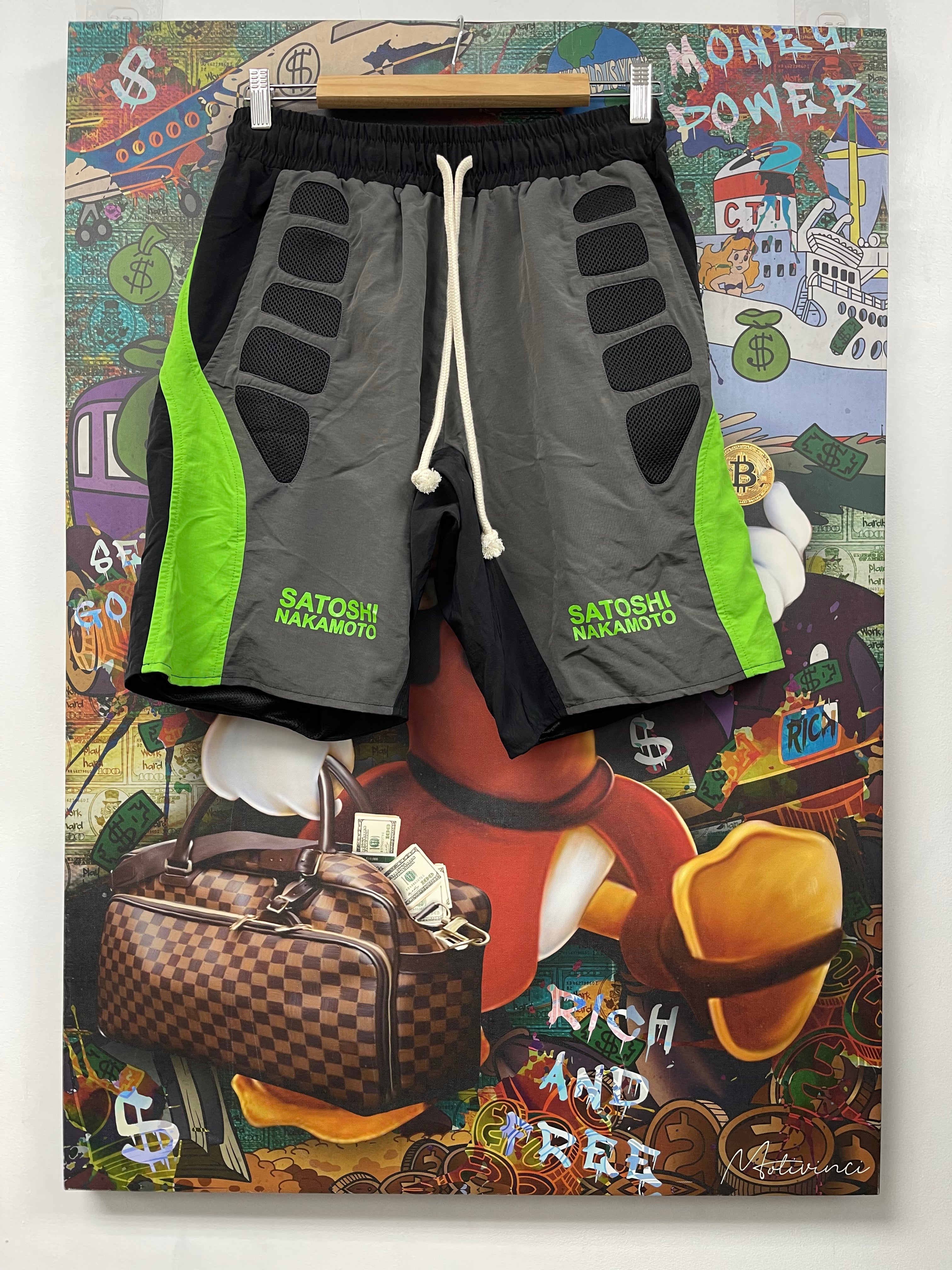 Satoshi Nakamoto Grey Neon Padded Nylon Shorts