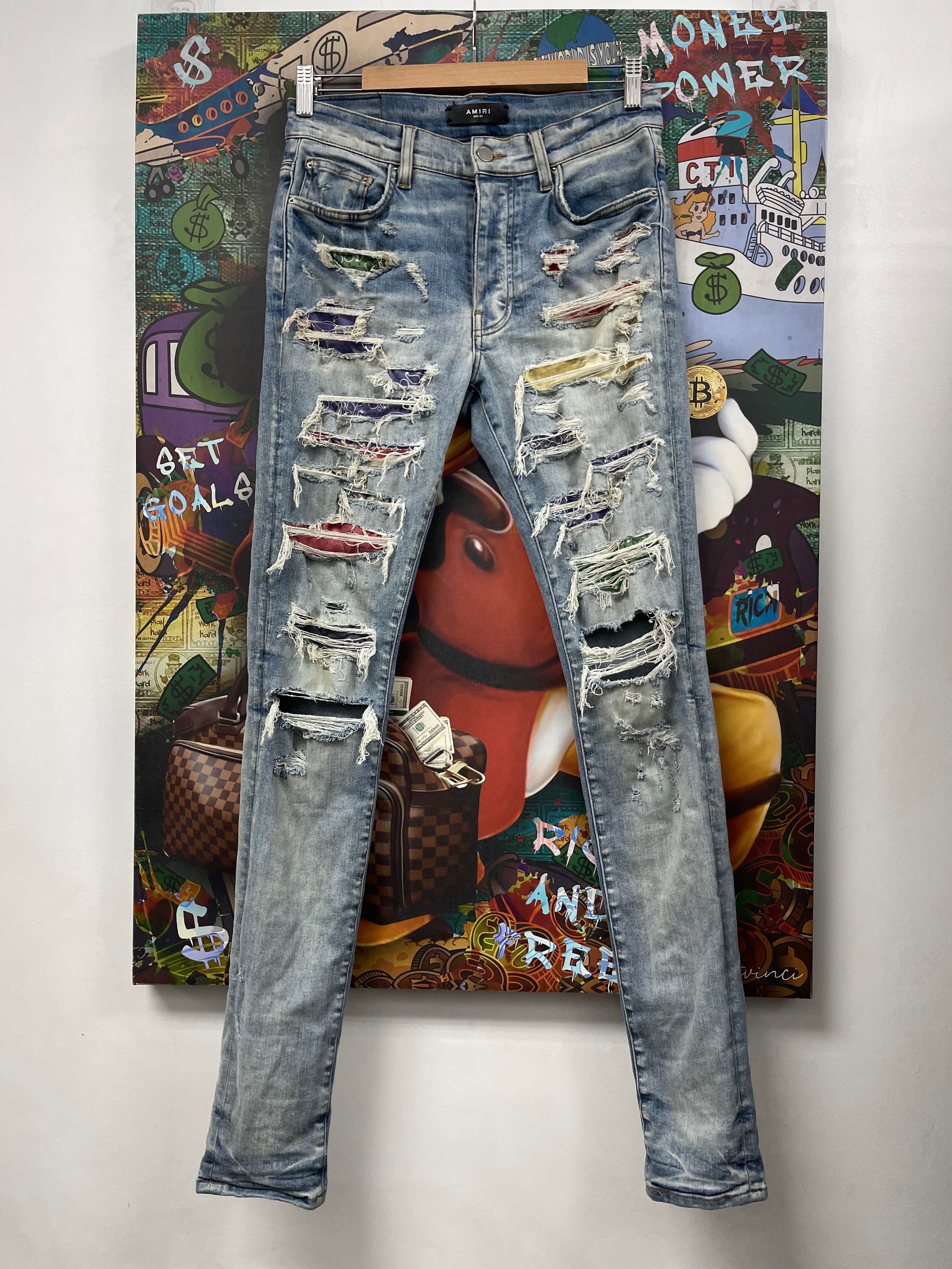Amiri Light Wash Multi Paisley Thrasher Jeans