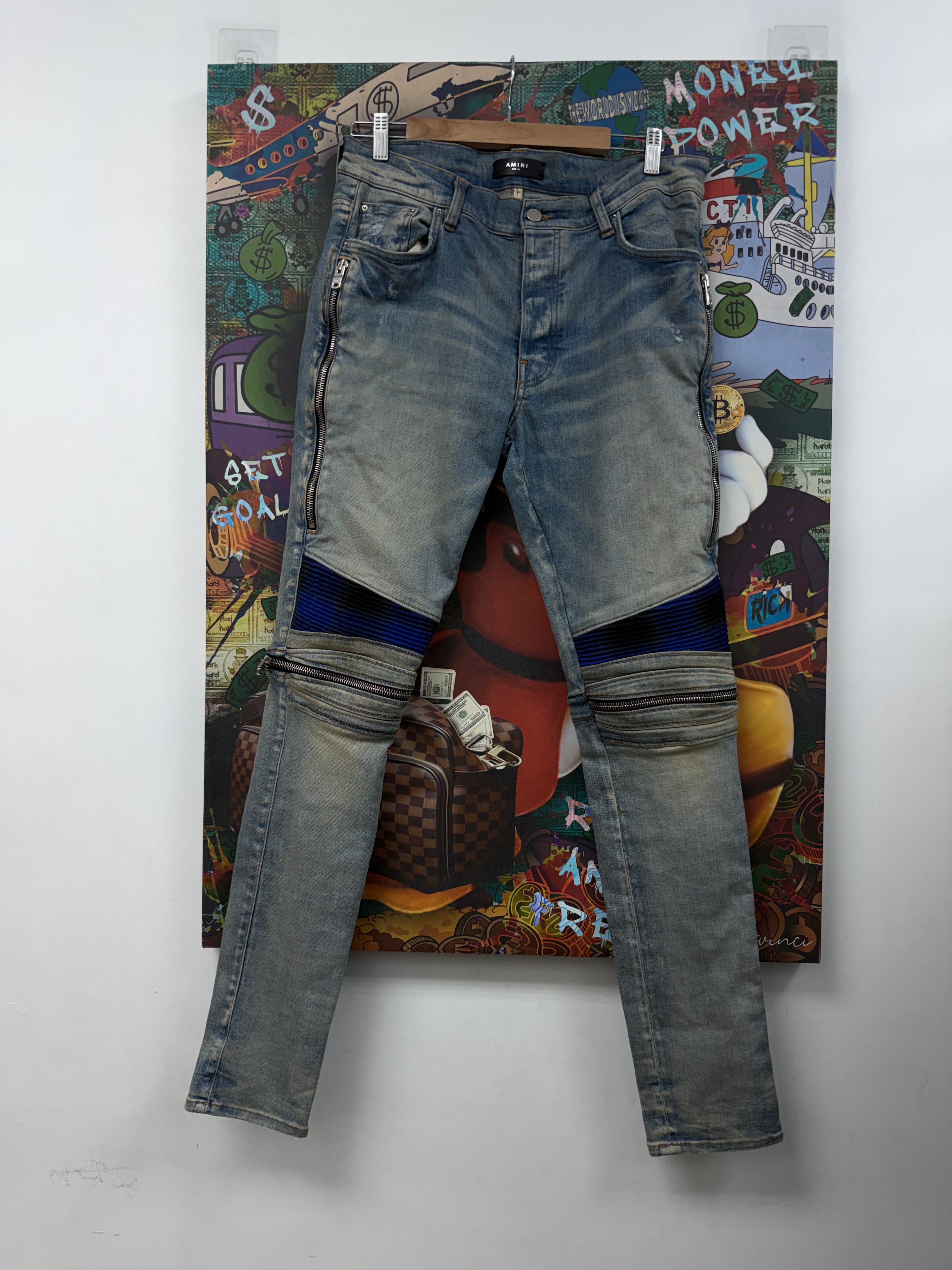 Amiri MX2 Light Wash Blue Black Plaid Patch Jeans
