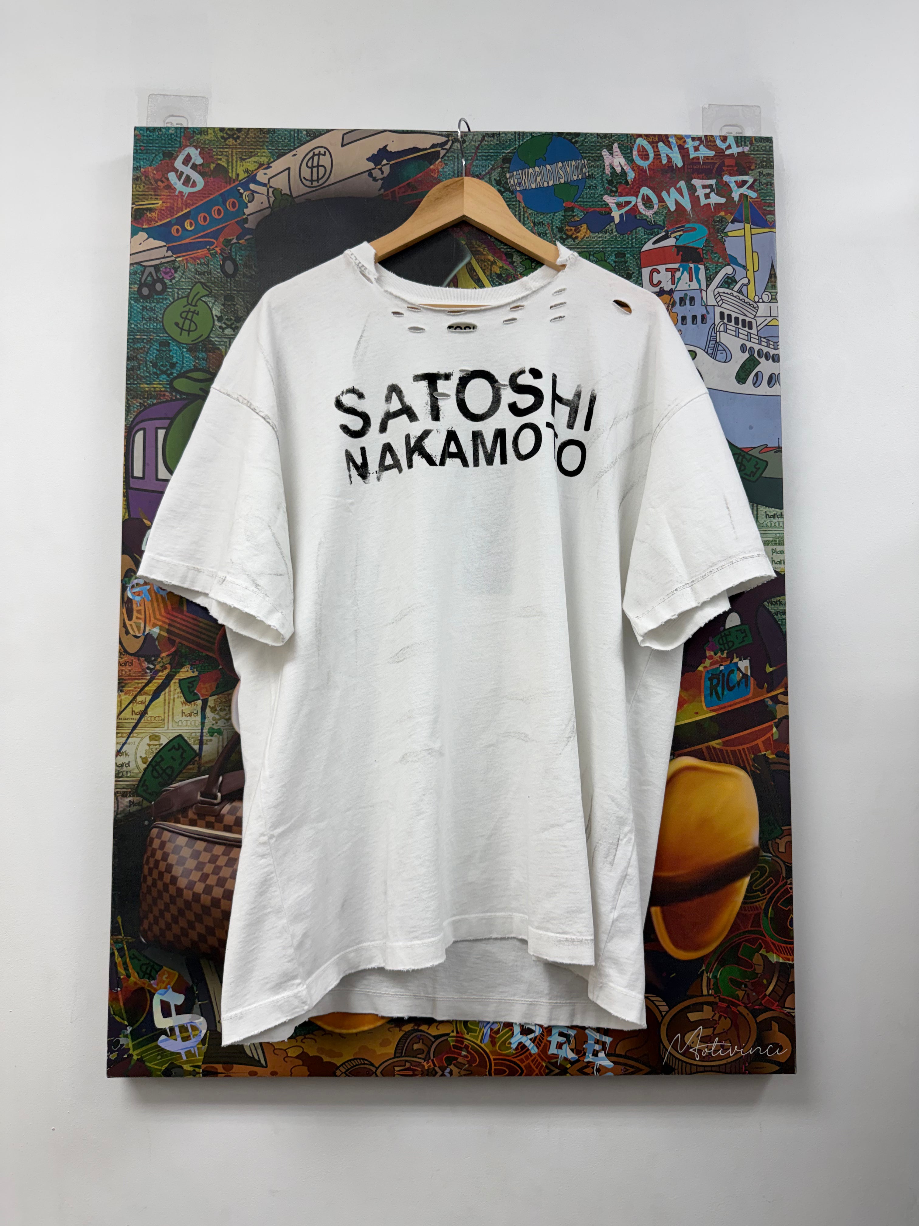 Satoshi Nakamoto Distressed Luke Logo Tee White Black Tee