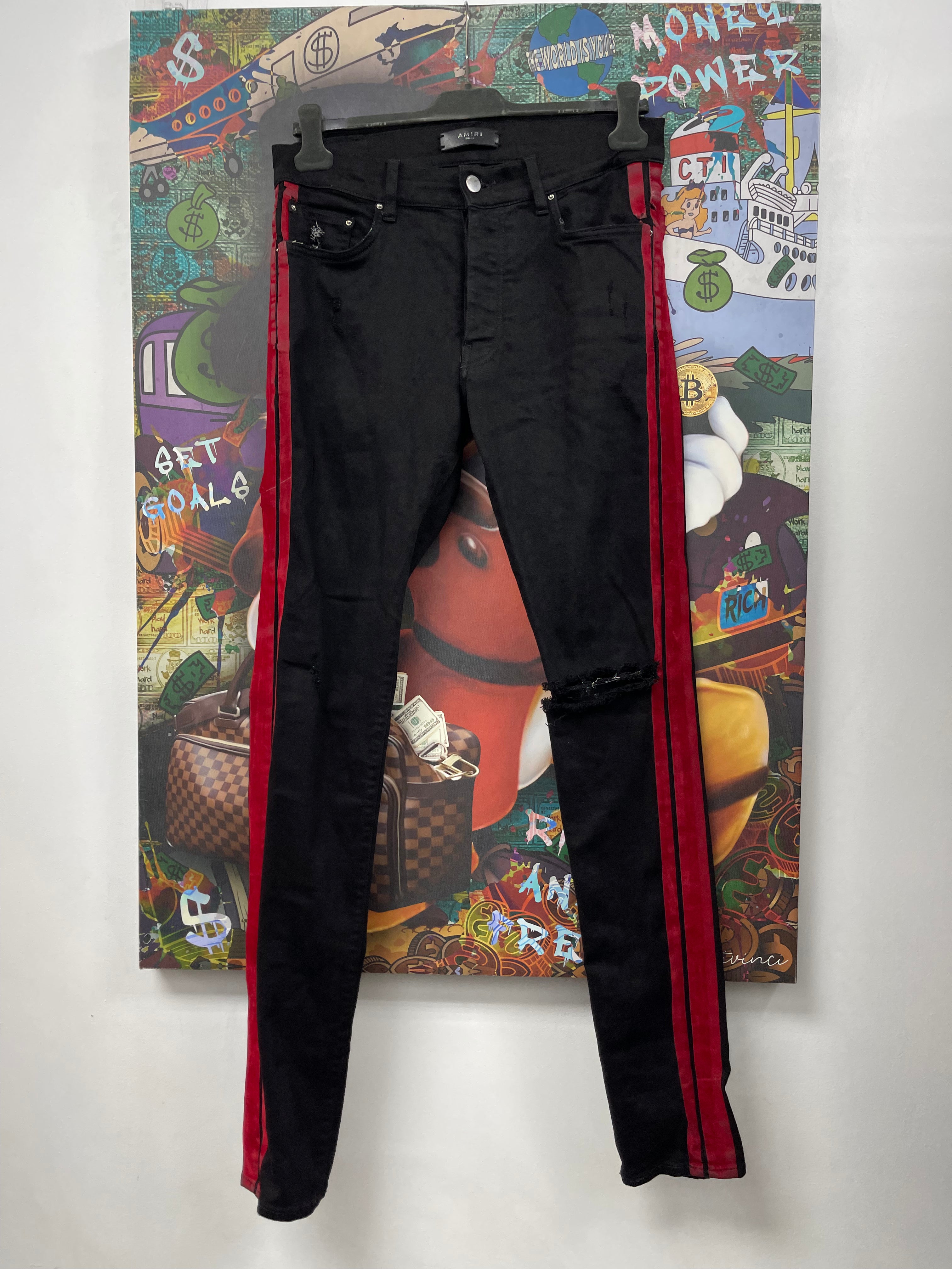 Amiri Black Red Velour Stripe (Missing Metal Tag) Jeans