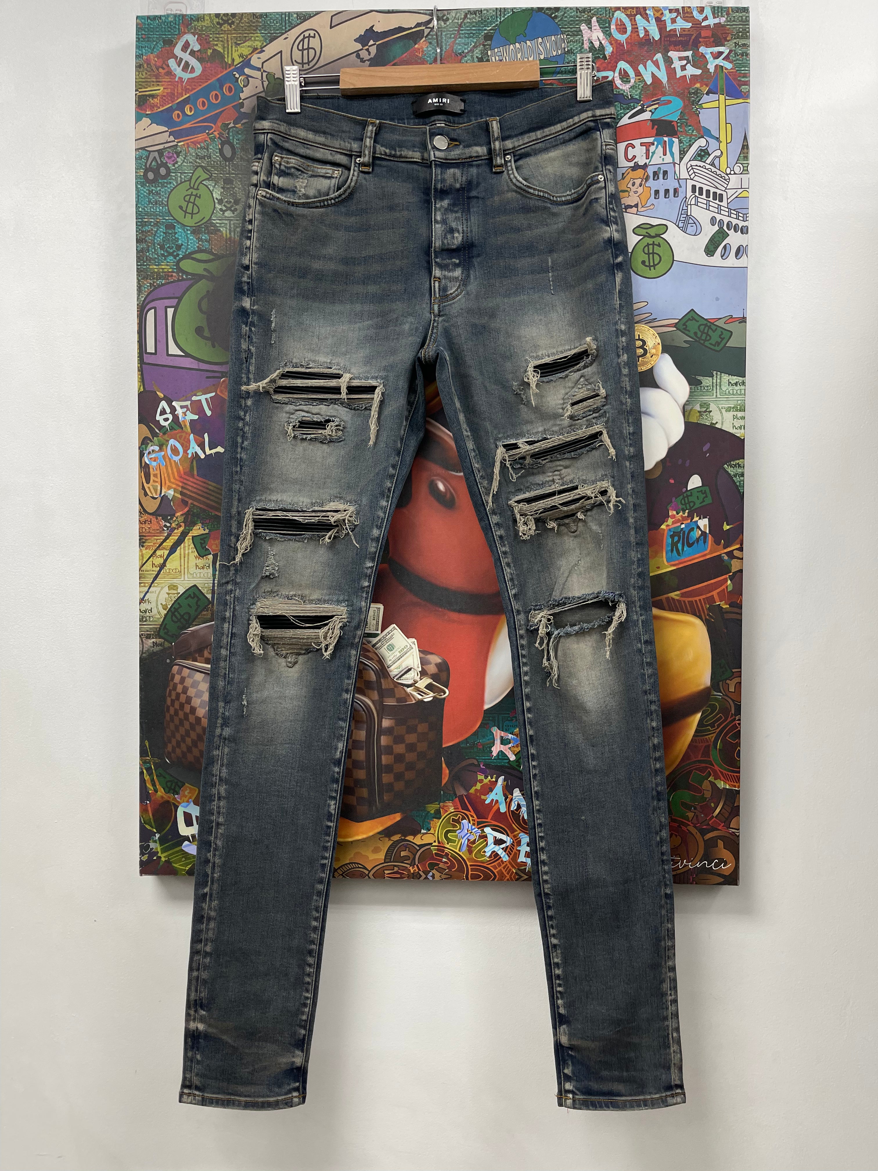 Amiri Dark Indigo Black Leather Thrasher Patch Jeans