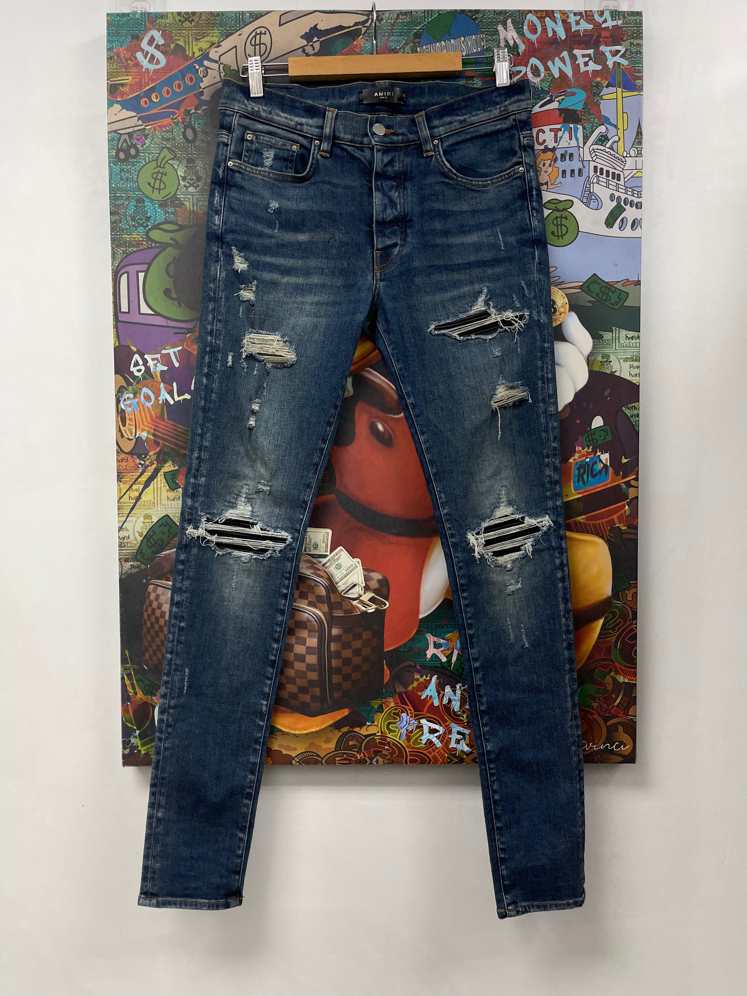 Amiri MX1 Deep Classic Black Leather Patch Jeans