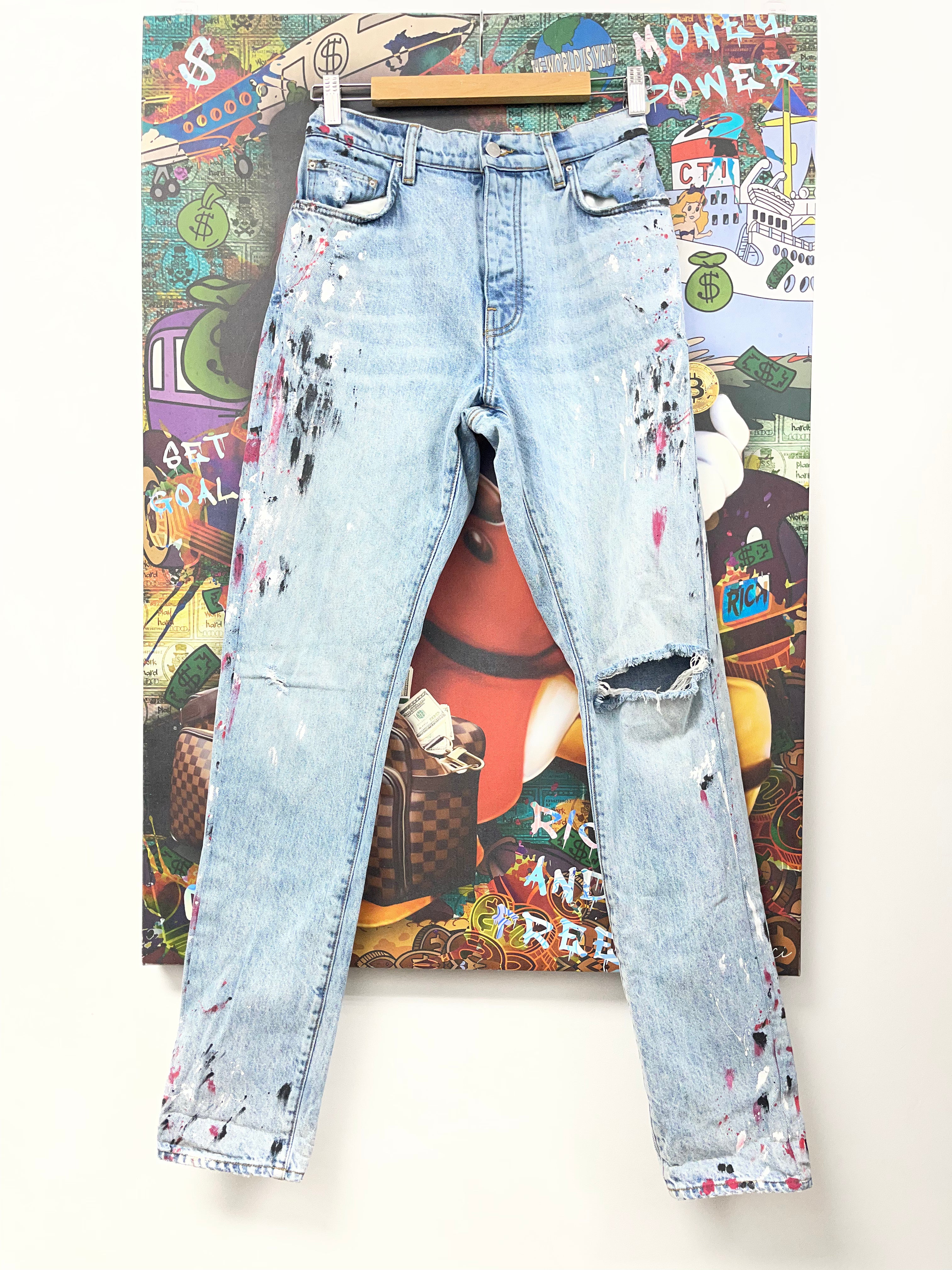 Amiri Light Wash Paint Splatter Black Red Jeans