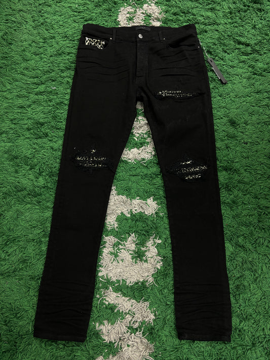 Amiri Jeans MX1 Black Leopard Patch New 38 With Tags
