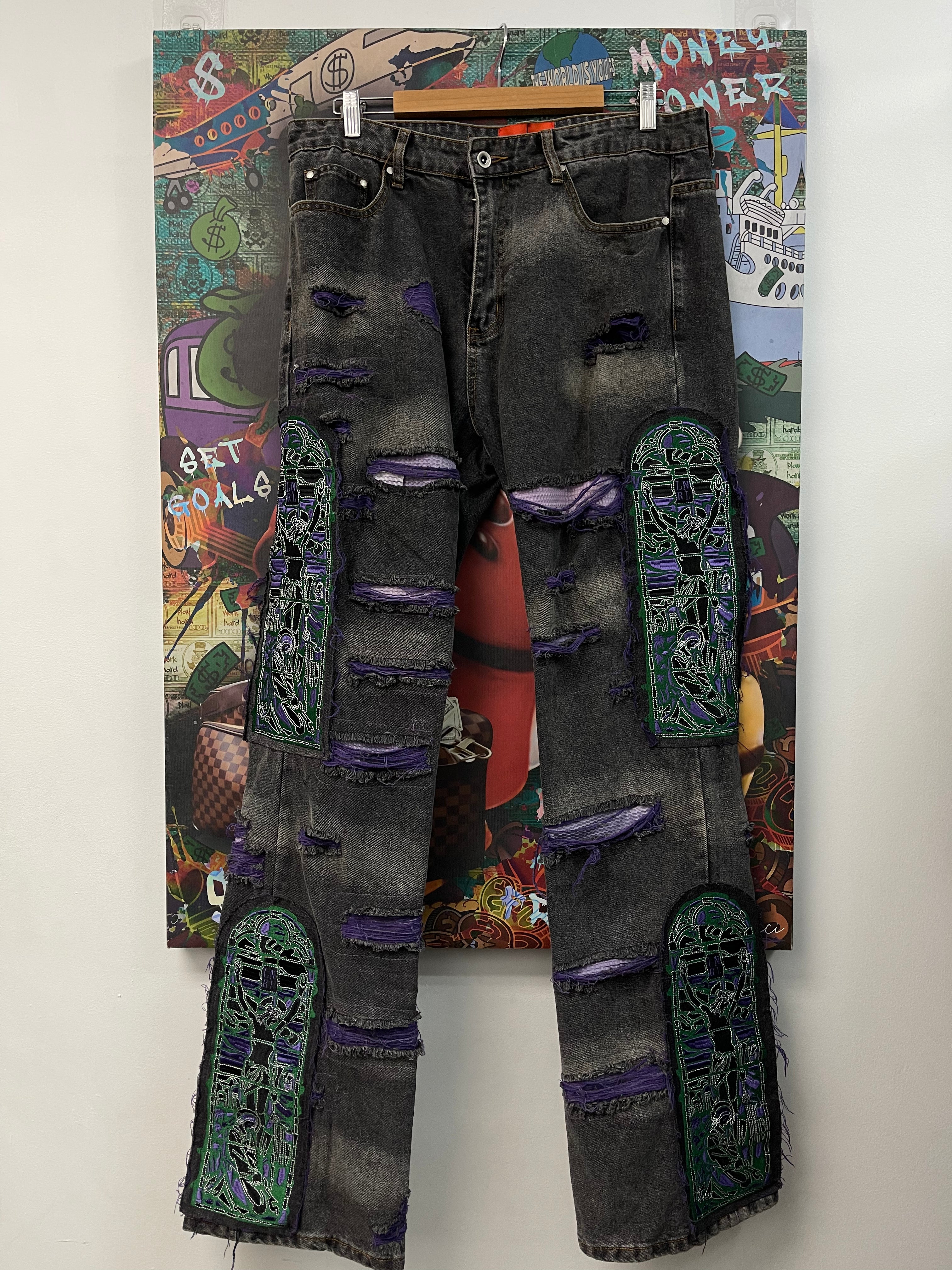 Who Decides War Grey Purple Green Stained Glass Jeans
