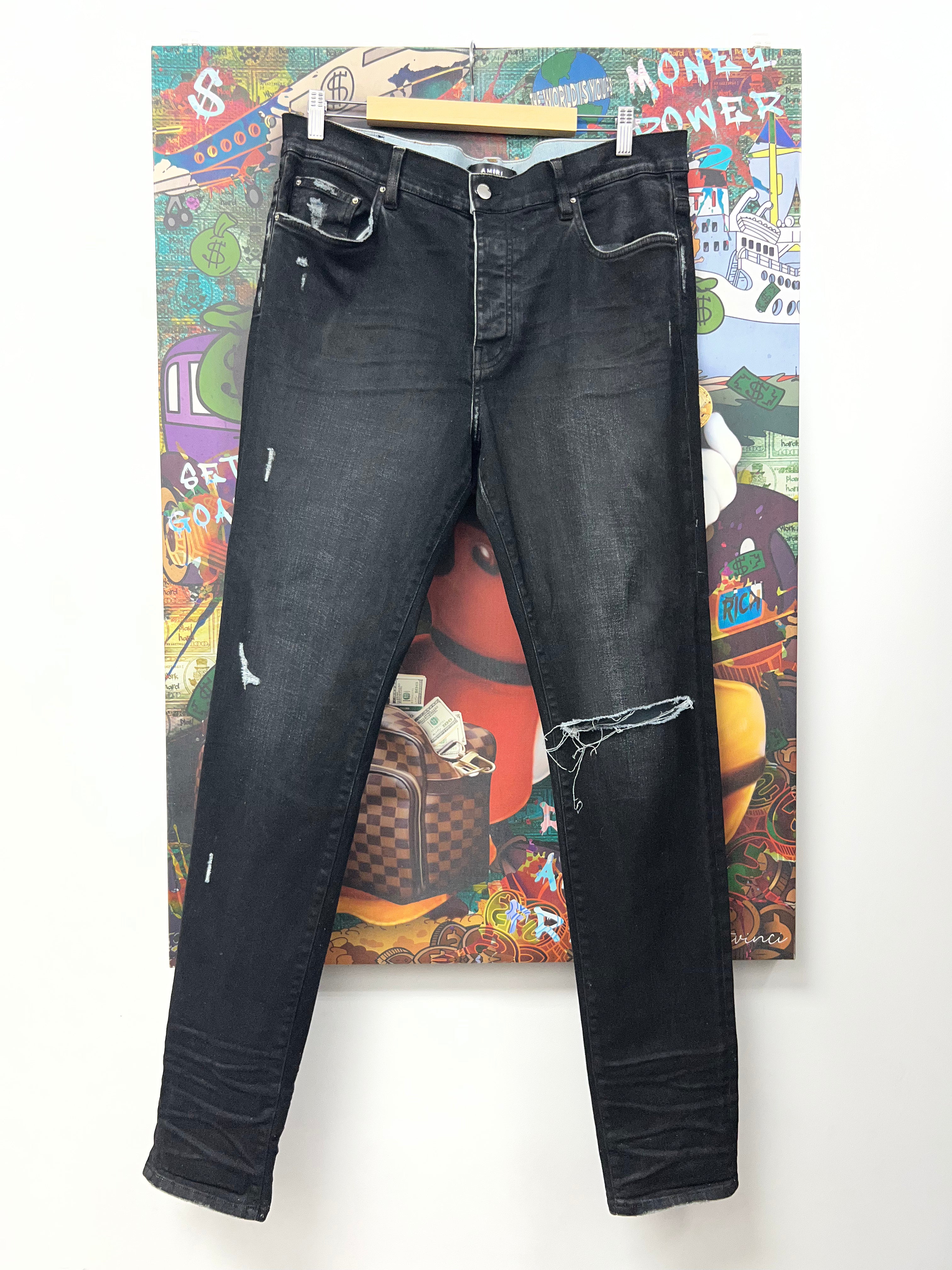 Amiri Black Blue Wax Plain Thrasher Jeans