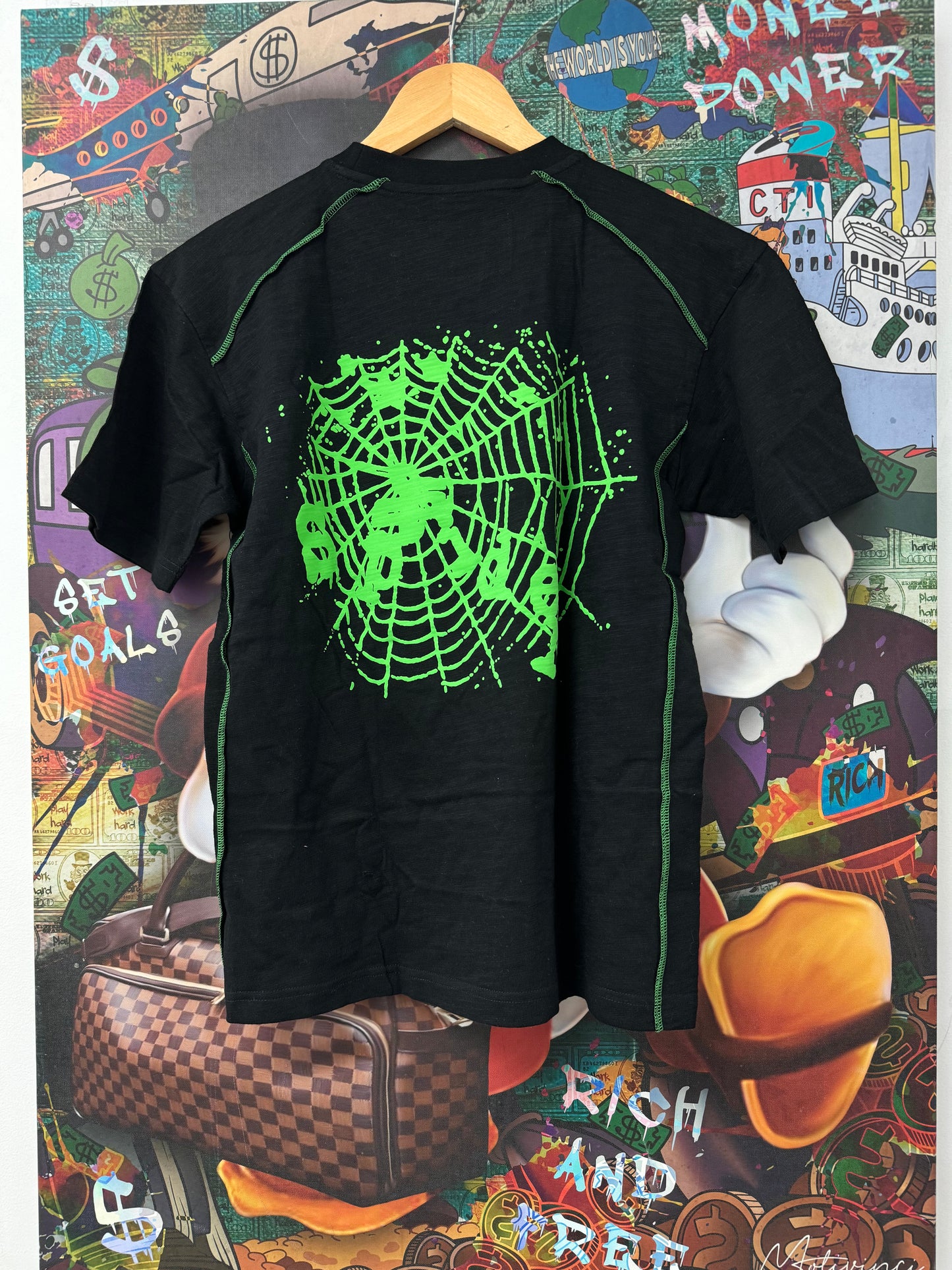 Sp5der Tee Stitch Logo Tee Black Slime Green New Small (Fits XS) With Tags