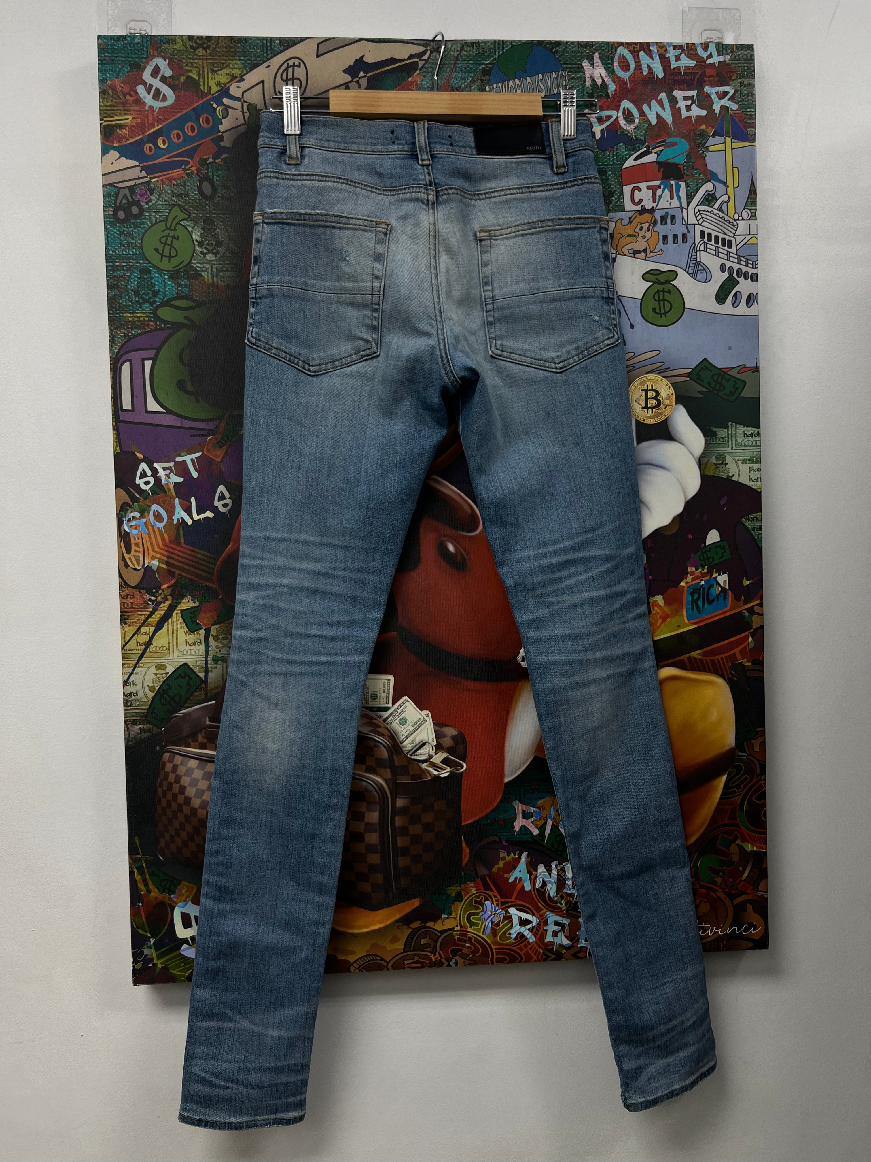 Amiri MX1 Light Wash Blue Paisley Patch Jeans