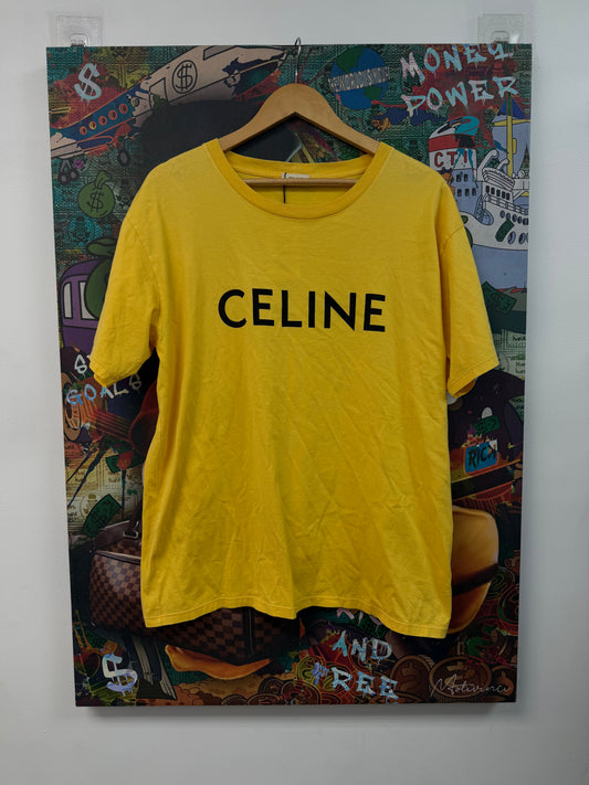 Celine Yellow Black Spellout Logo Tee