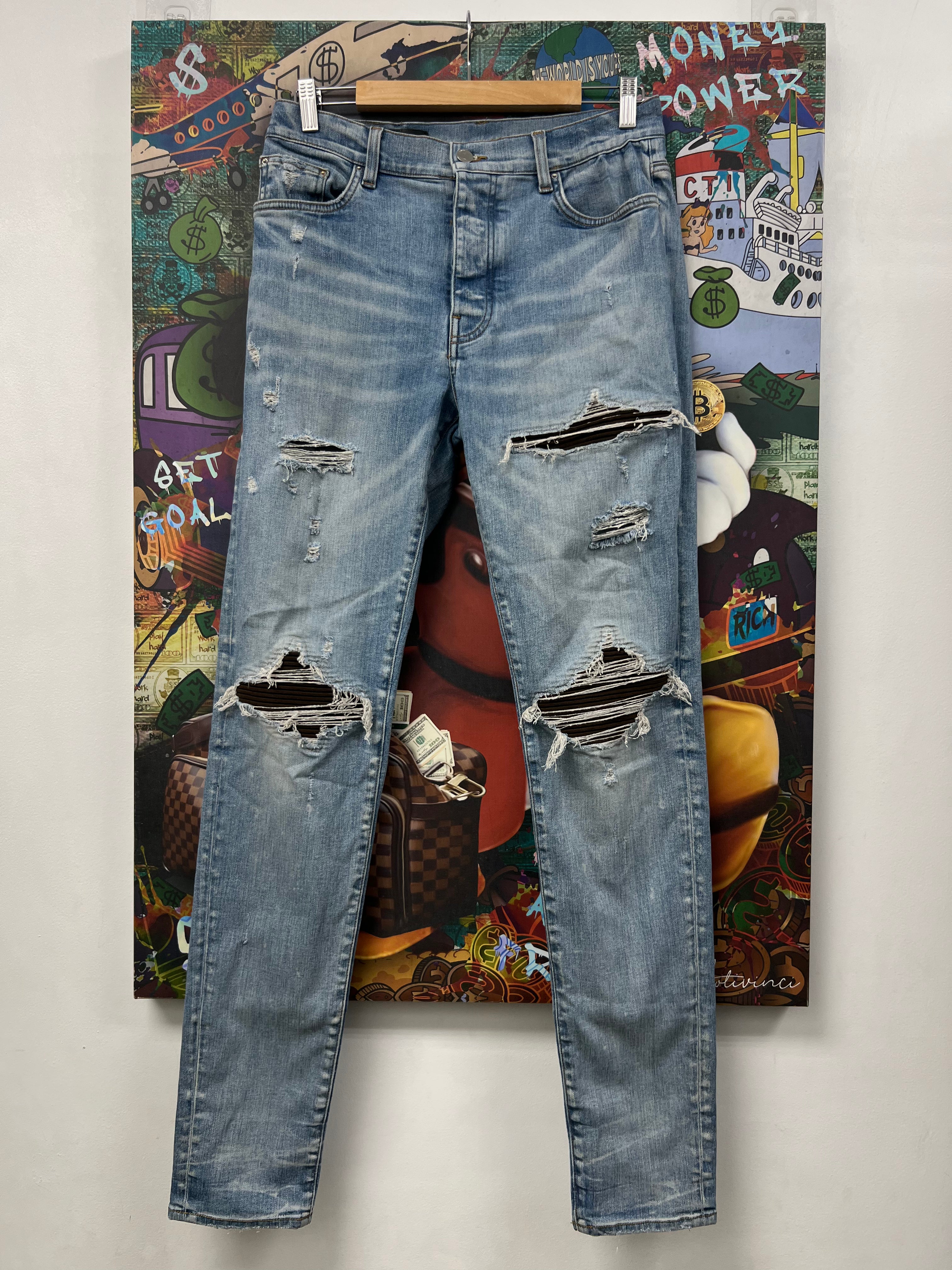 Amiri MX1 Light Wash Brown Suede Patch (Altered Fits 34) Jeans