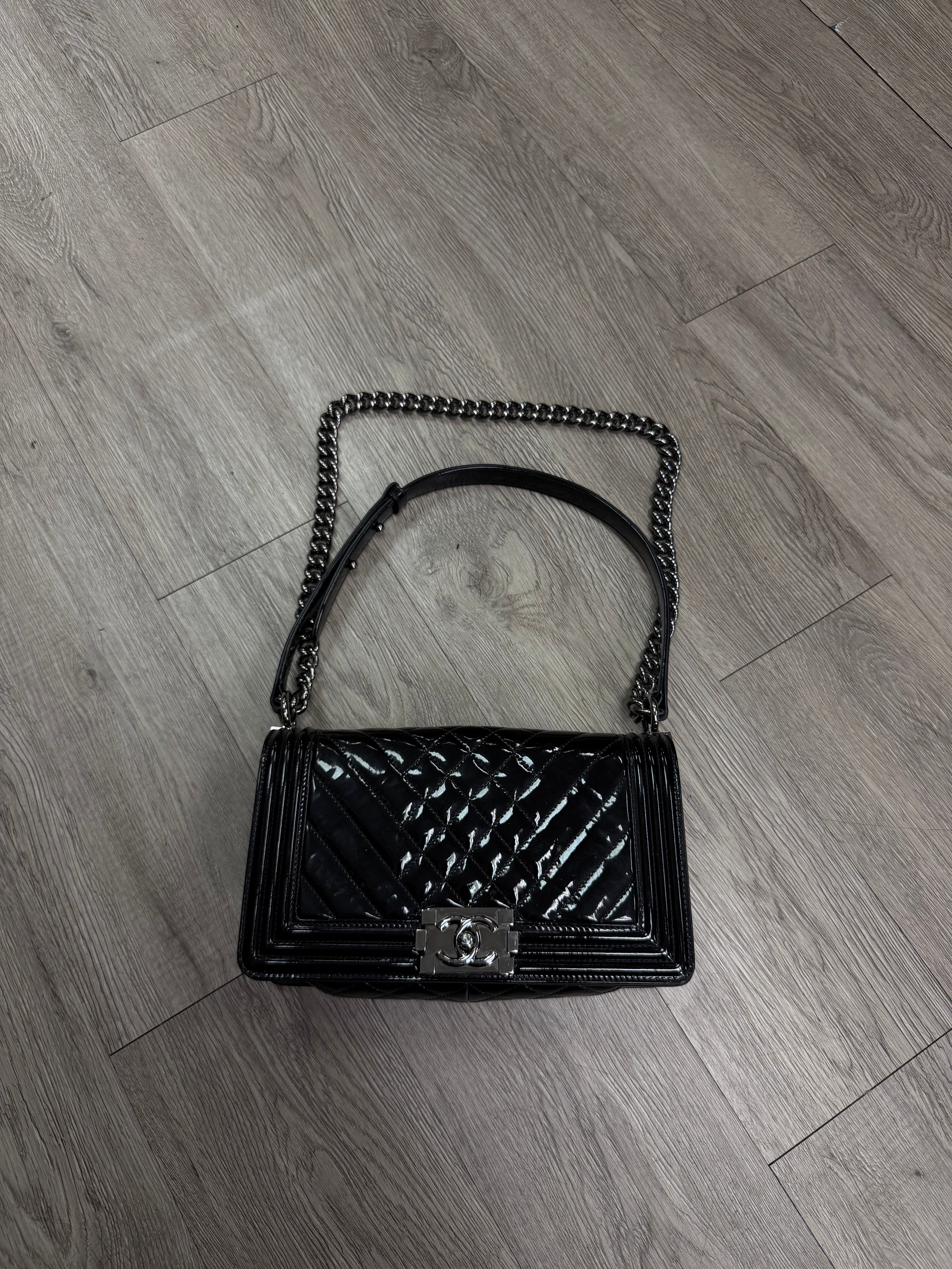 Chanel Black Patent Leather Boy Bag