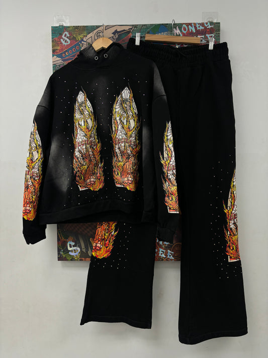 WDW Flames Glass Sweatsuit Black Used XL Top XXL Bottoms