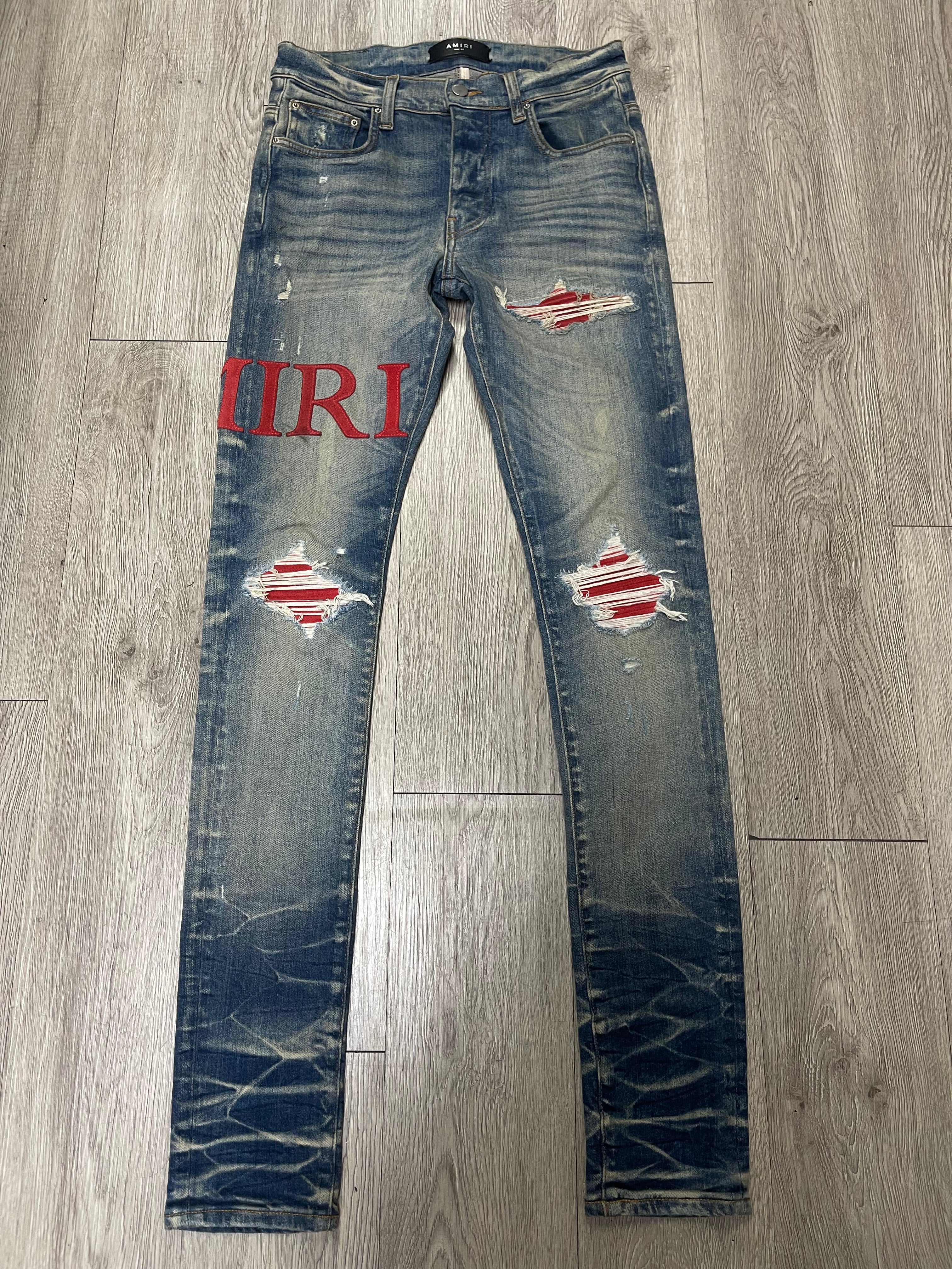 Amiri Dark Indigo Red Suede Side Logo Jeans