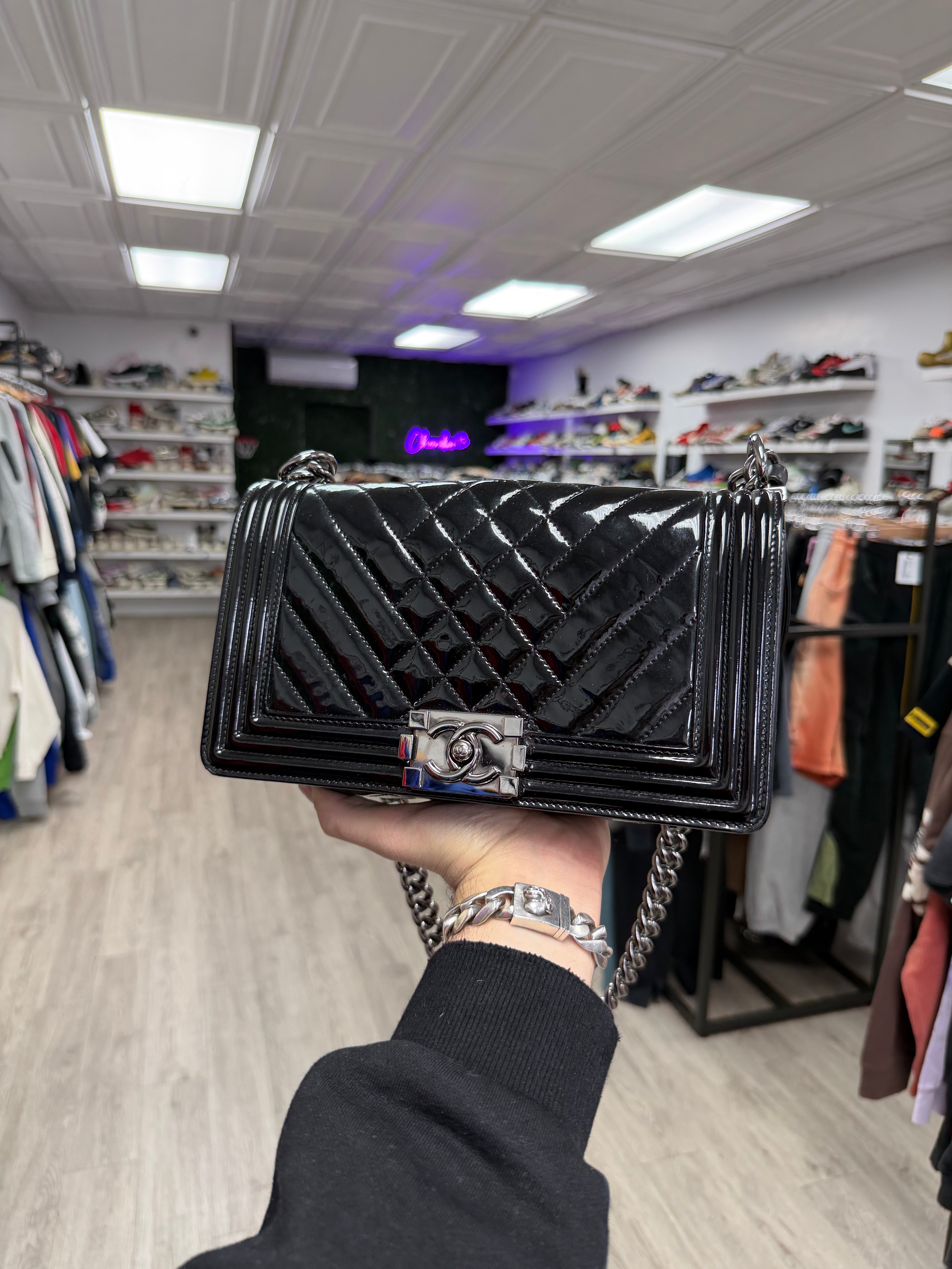 Chanel Black Patent Leather Boy Bag