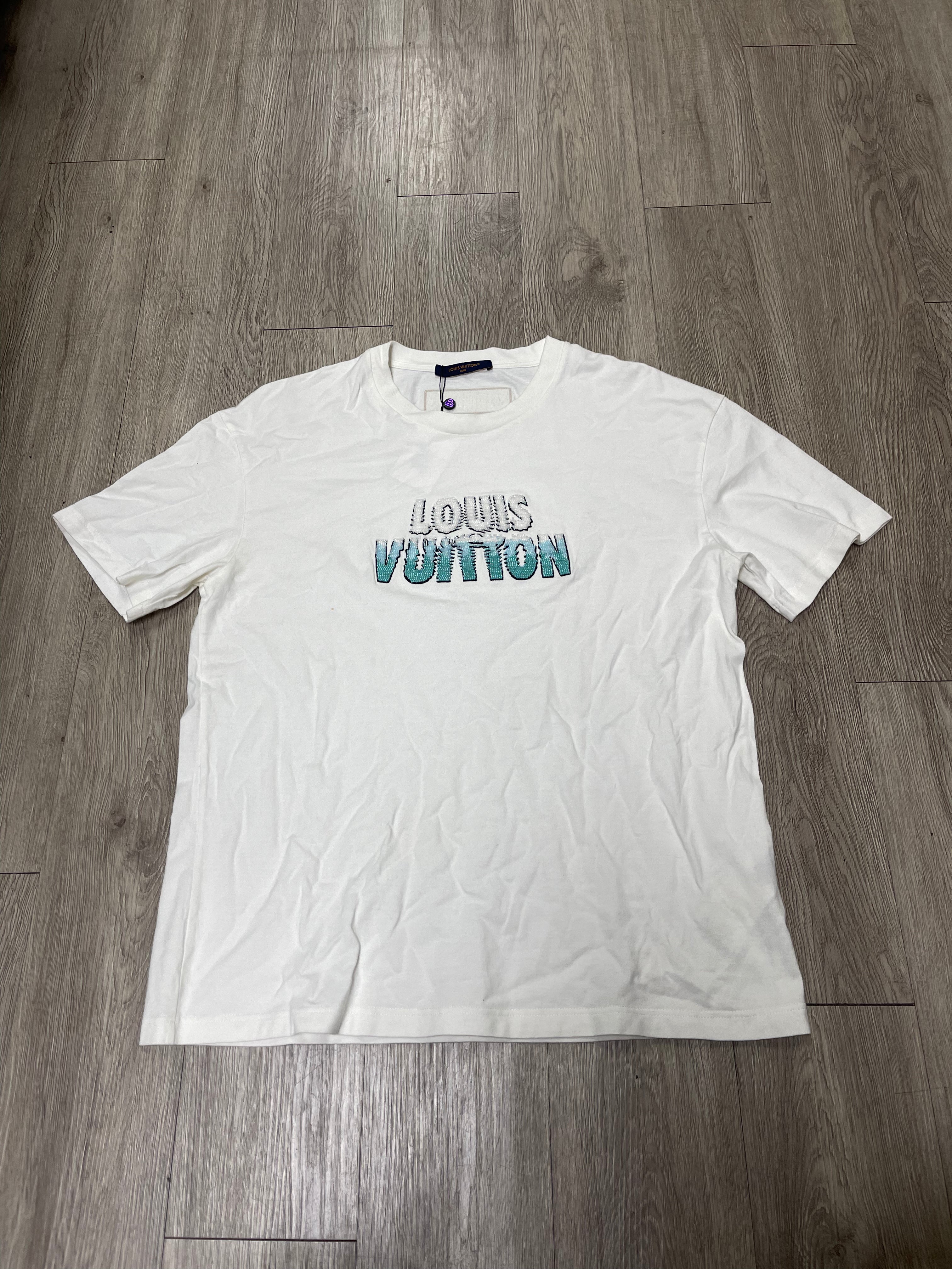 Louis Vuitton White Teal Beaded Chest Logo Tee