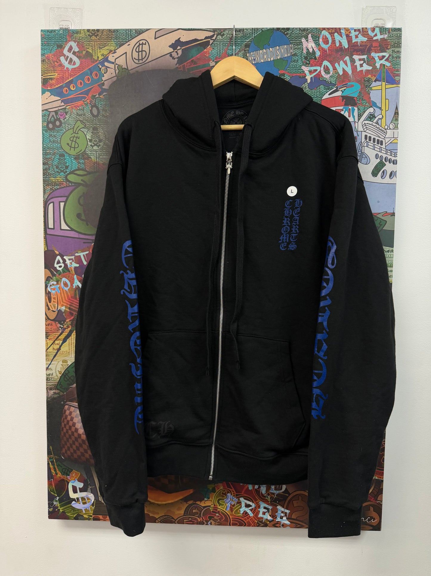Chrome Hearts Black Blue Vertical Logo Zip Up Hoodie