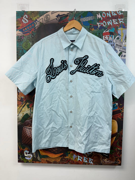 LV Baby Blue Navy Beaded Logo Button Up Shirt