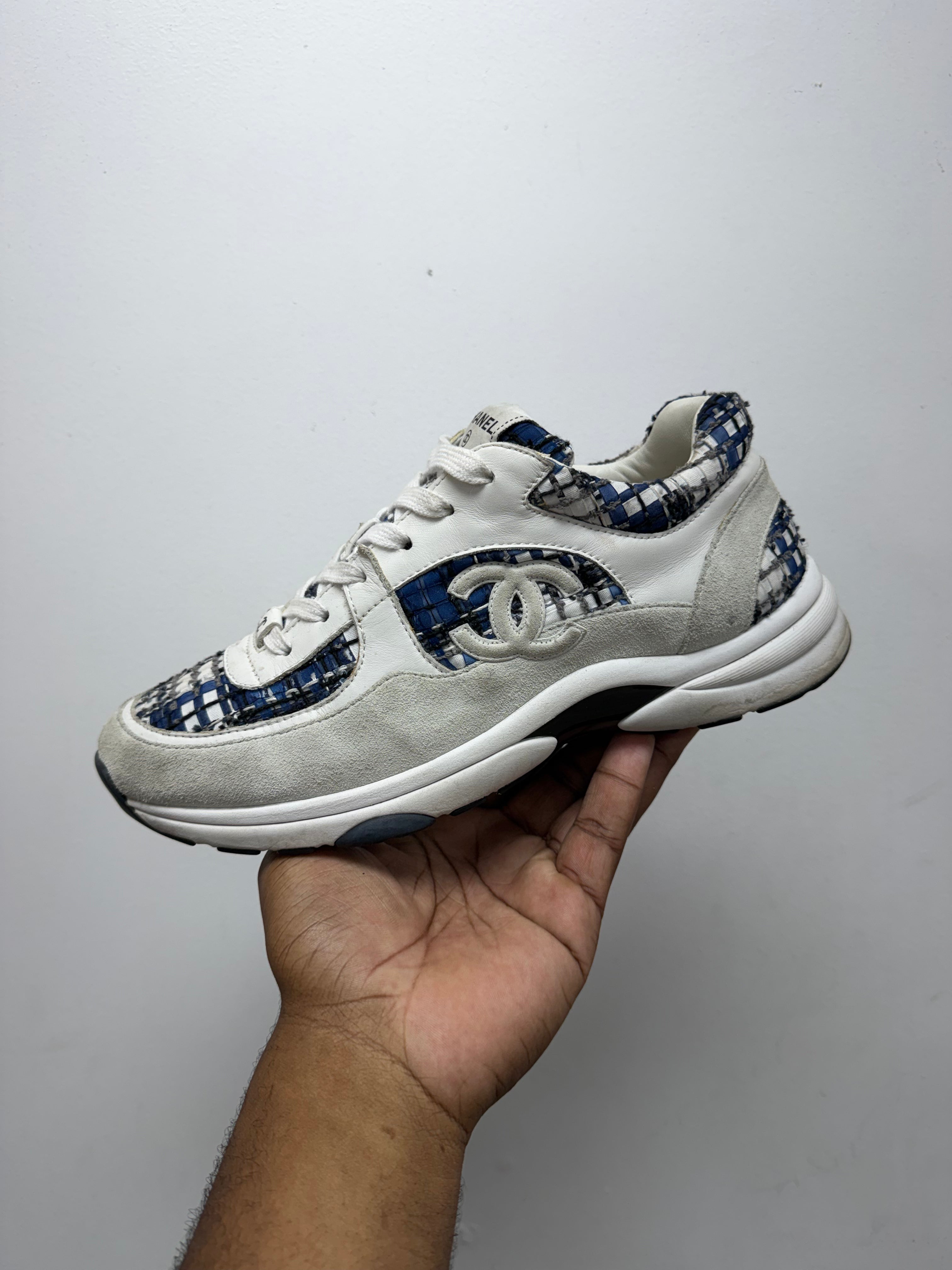 Chanel Blue White CC Tweed Sneakers