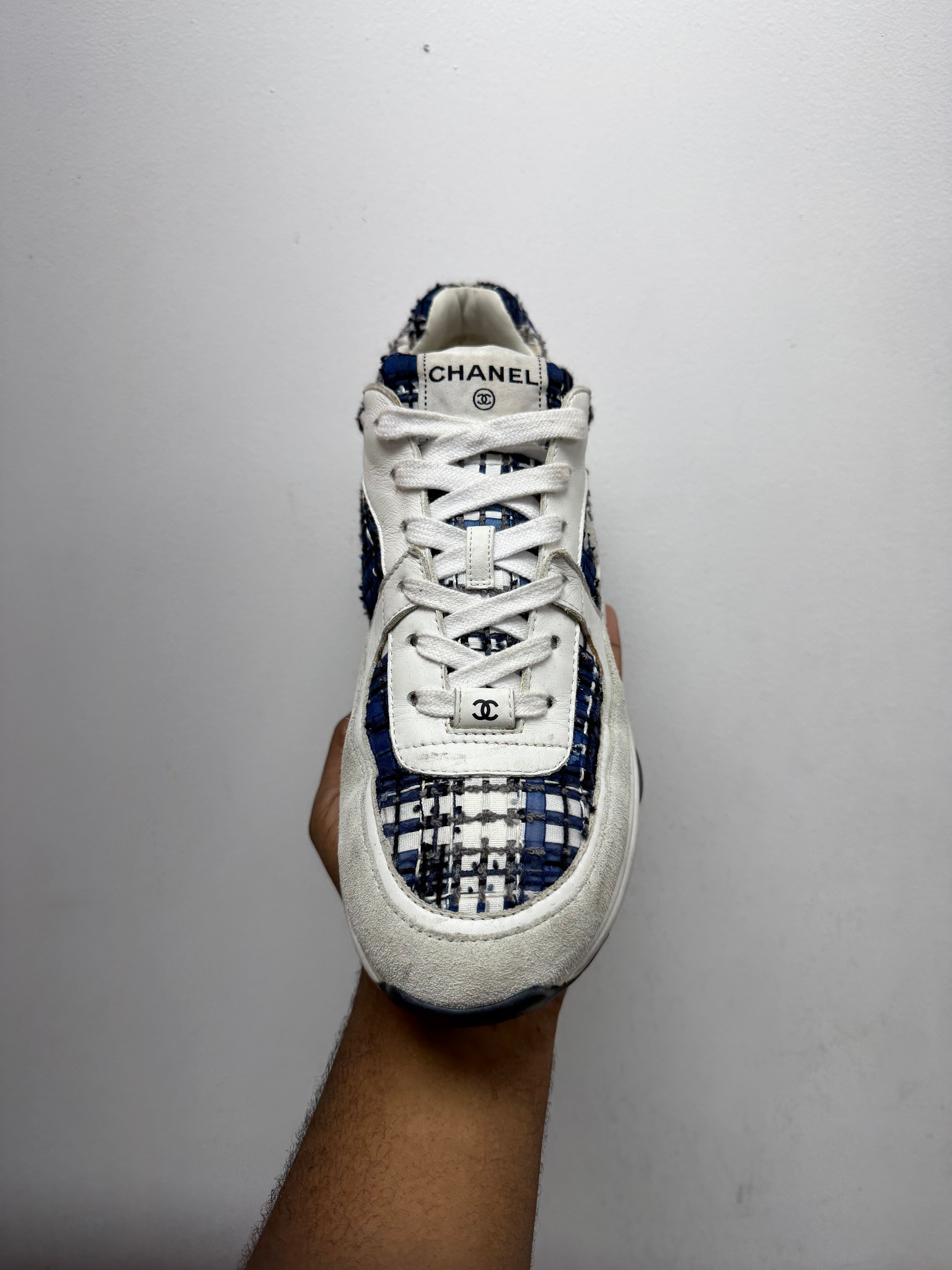 Chanel Blue White CC Tweed Sneakers