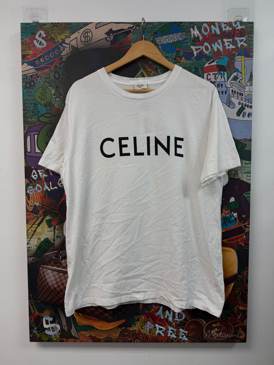 Celine White Black Spellout Logo Tee