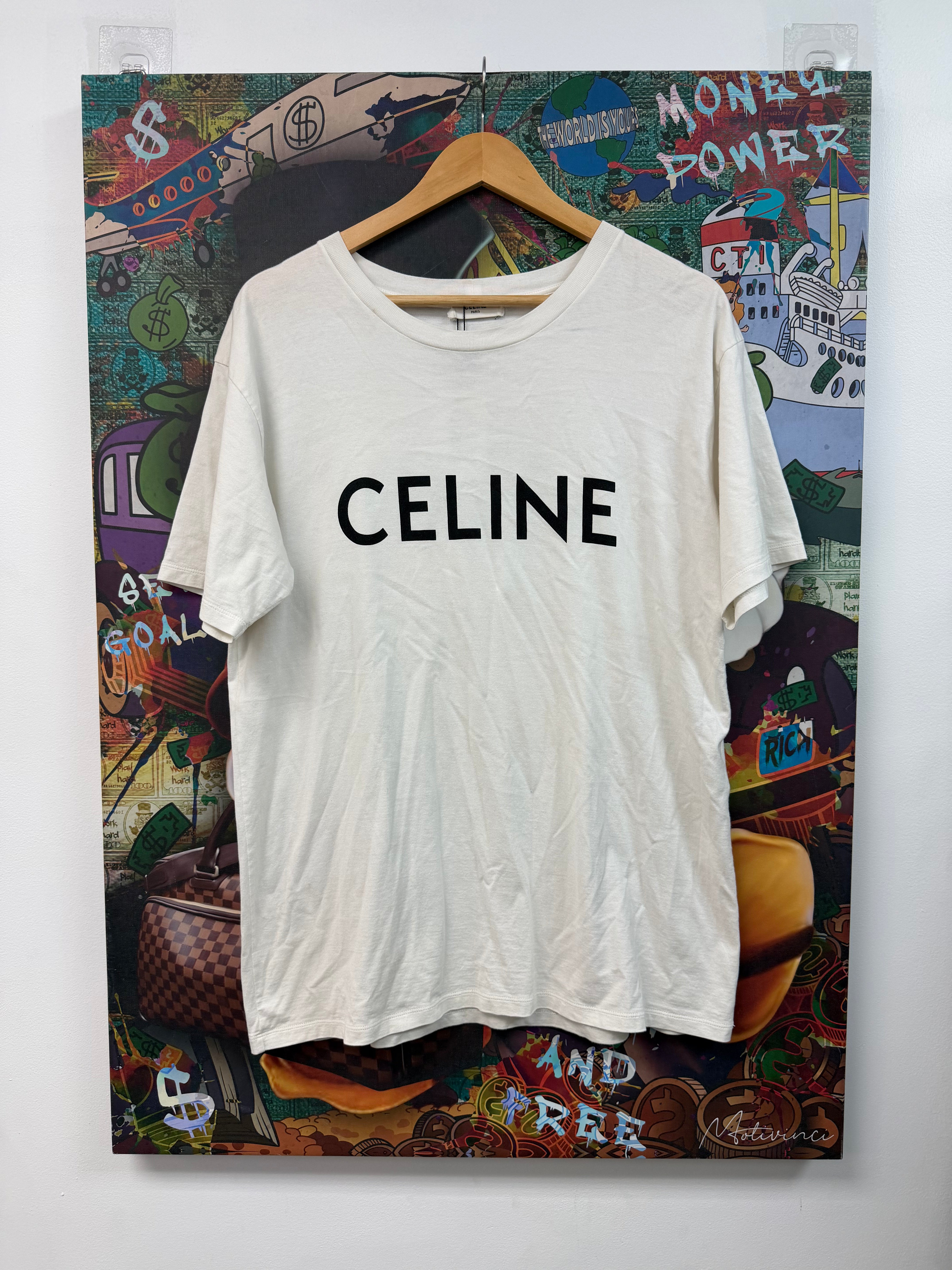 Celine White Black Spellout Logo Tee
