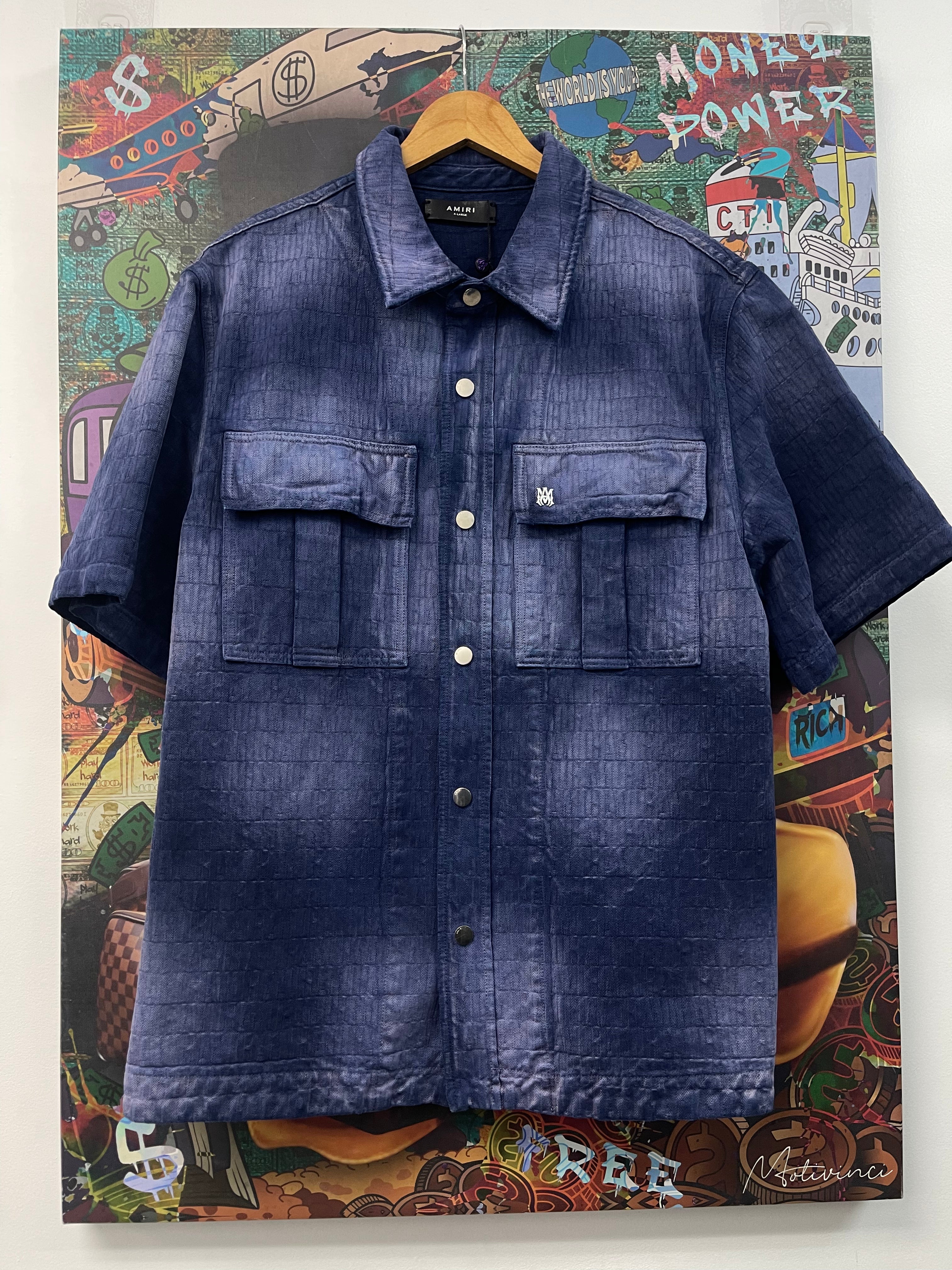 Amiri Navy Wash Denim Monogram Button Up