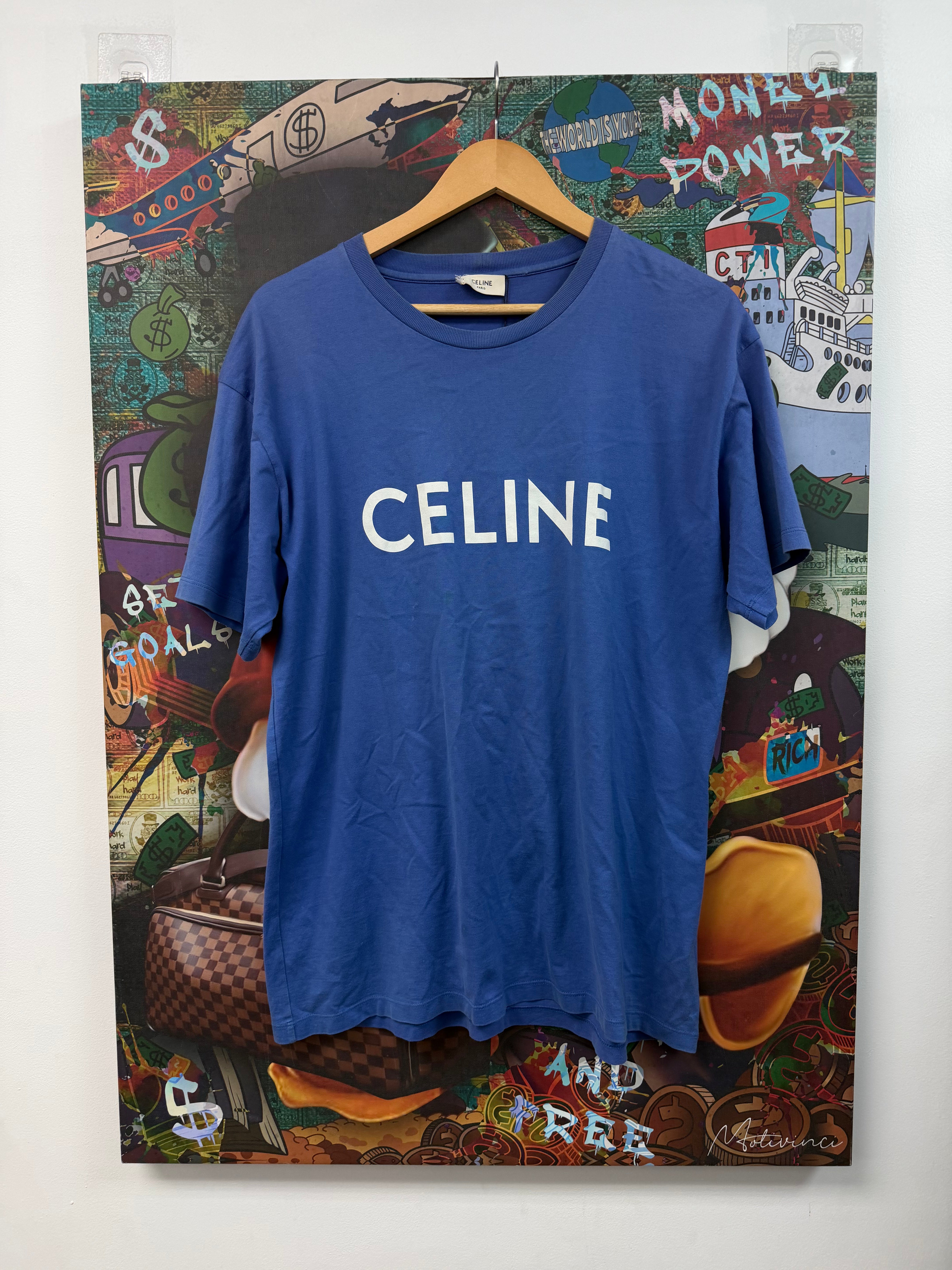 Celine Blue White Spellout Logo Tee