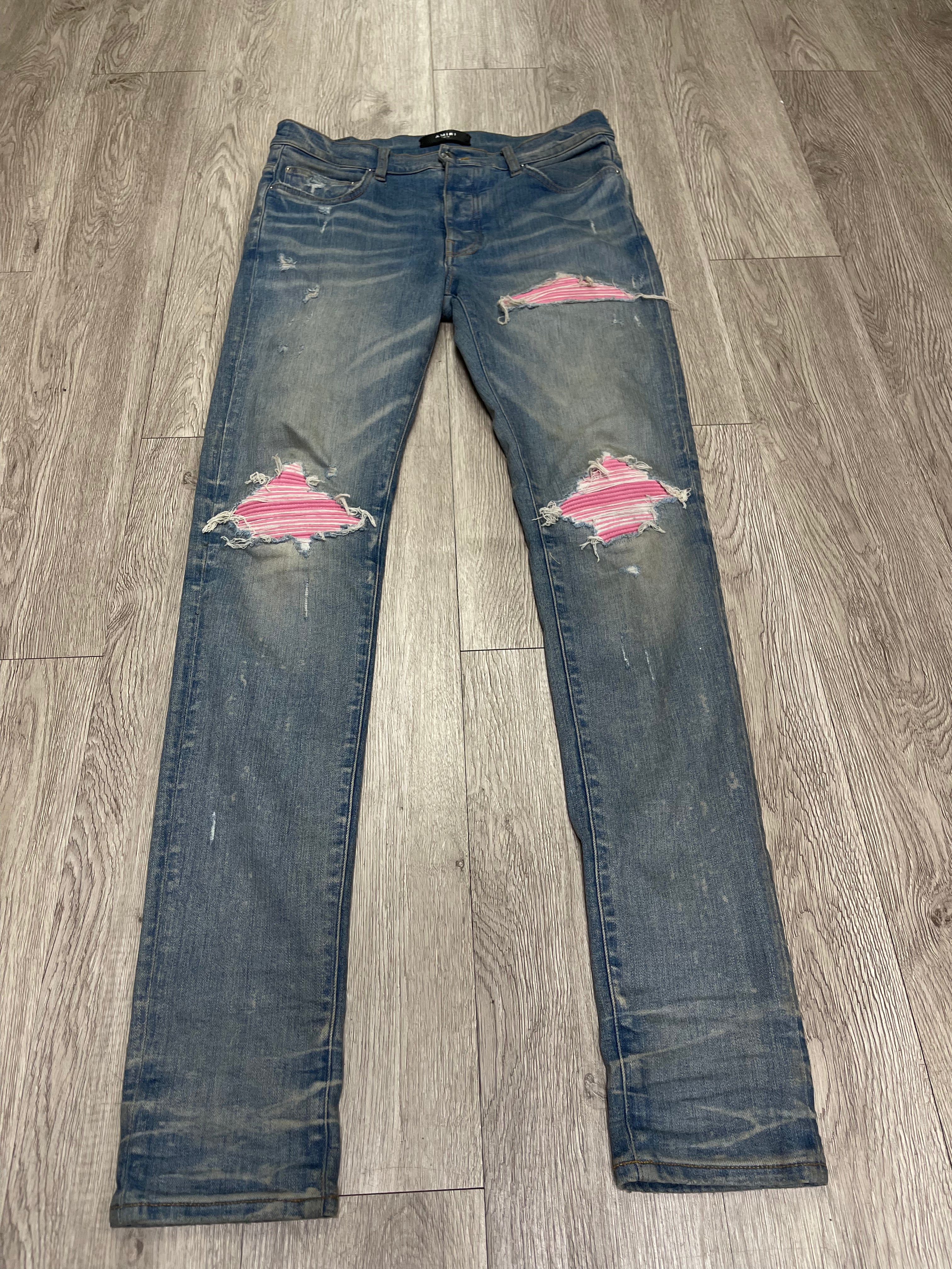 Amiri MX1 Light Wash Pink Suede Patch Jeans
