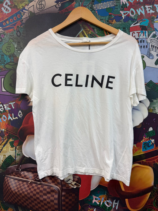 Celine Women's White Black Spellout Logo Tee