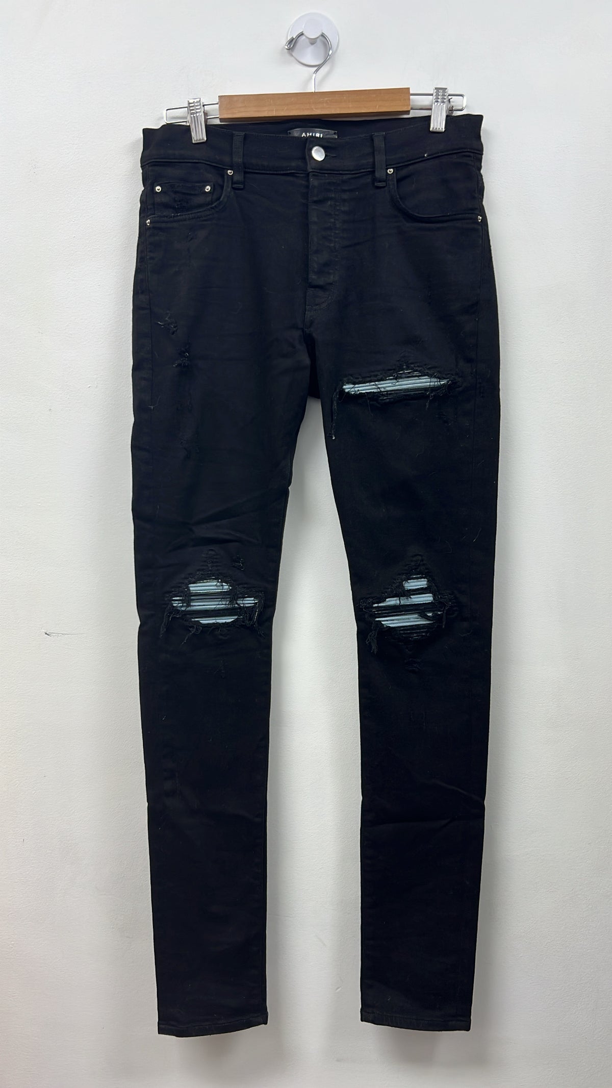 Amiri MX1 Black Baby Blue Suede Patch Jeans
