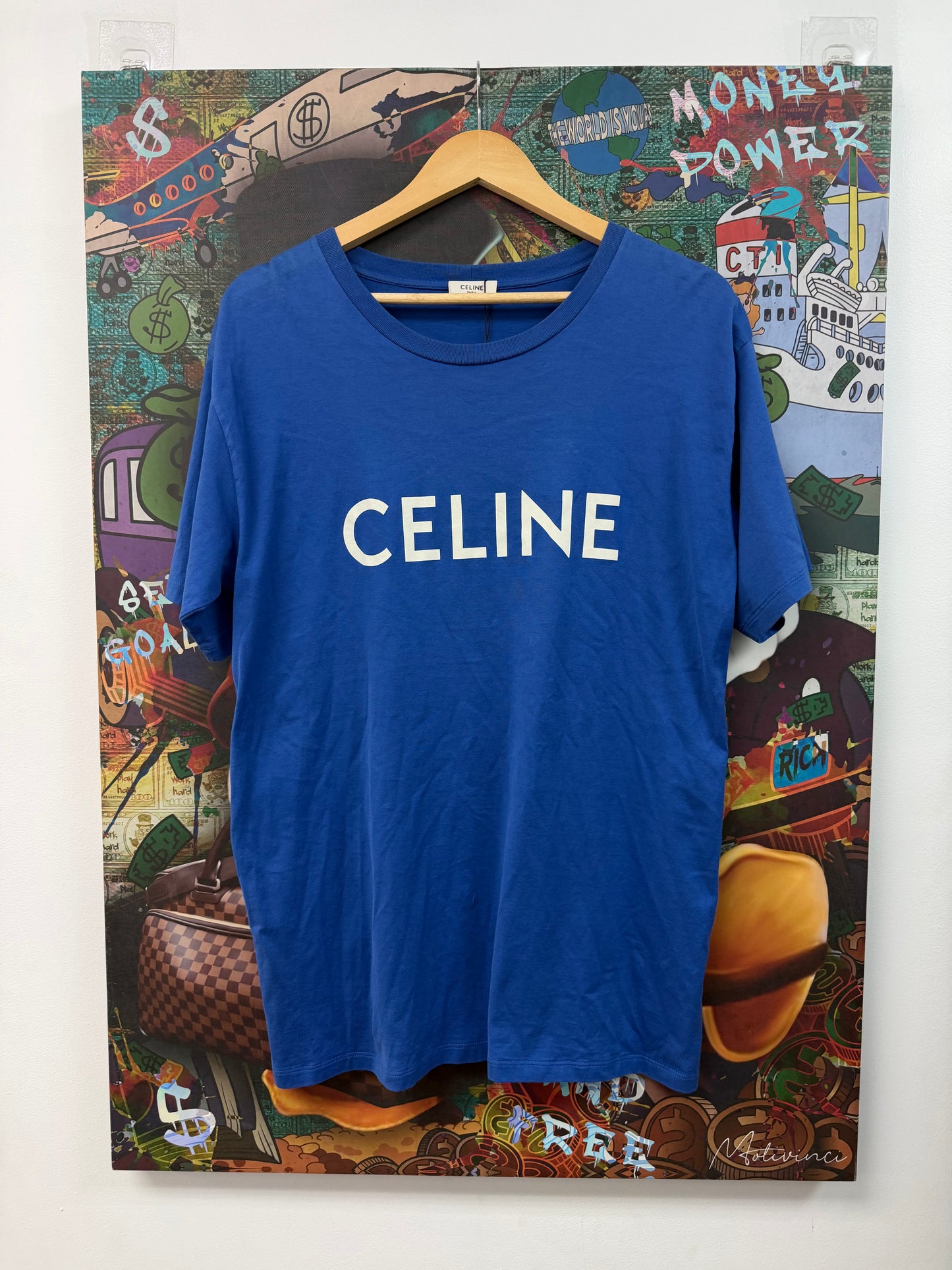 Celine Blue White Spellout Logo Tee