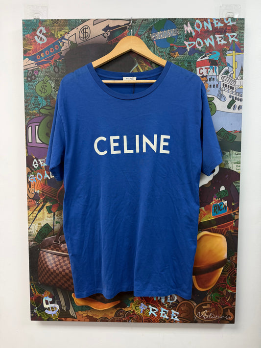 Celine Blue White Spellout Logo Tee