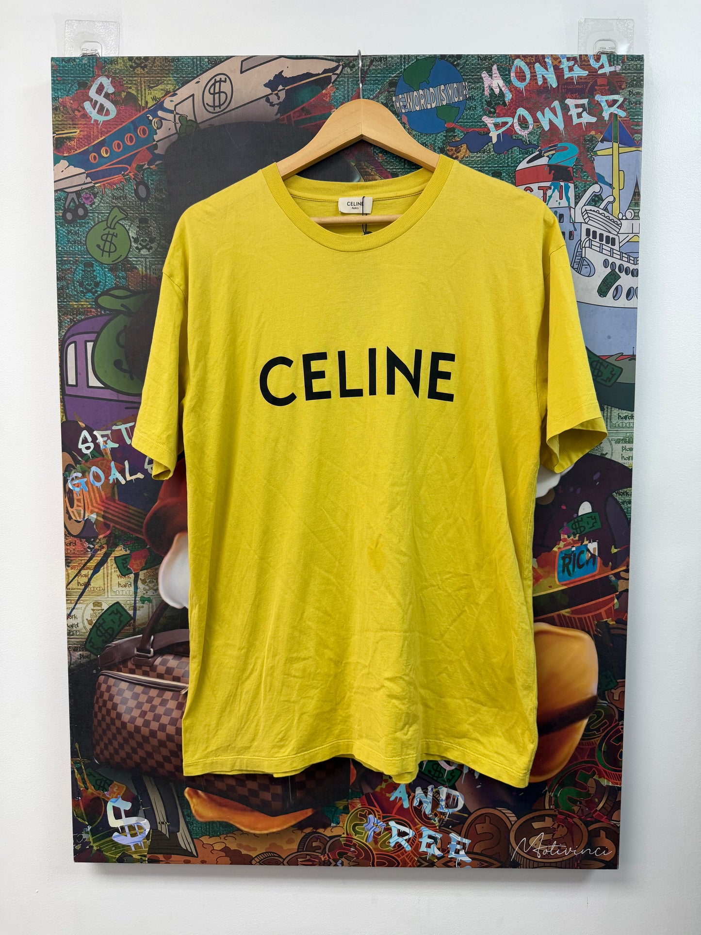 Celine Lemon Black Spellout Logo Tee
