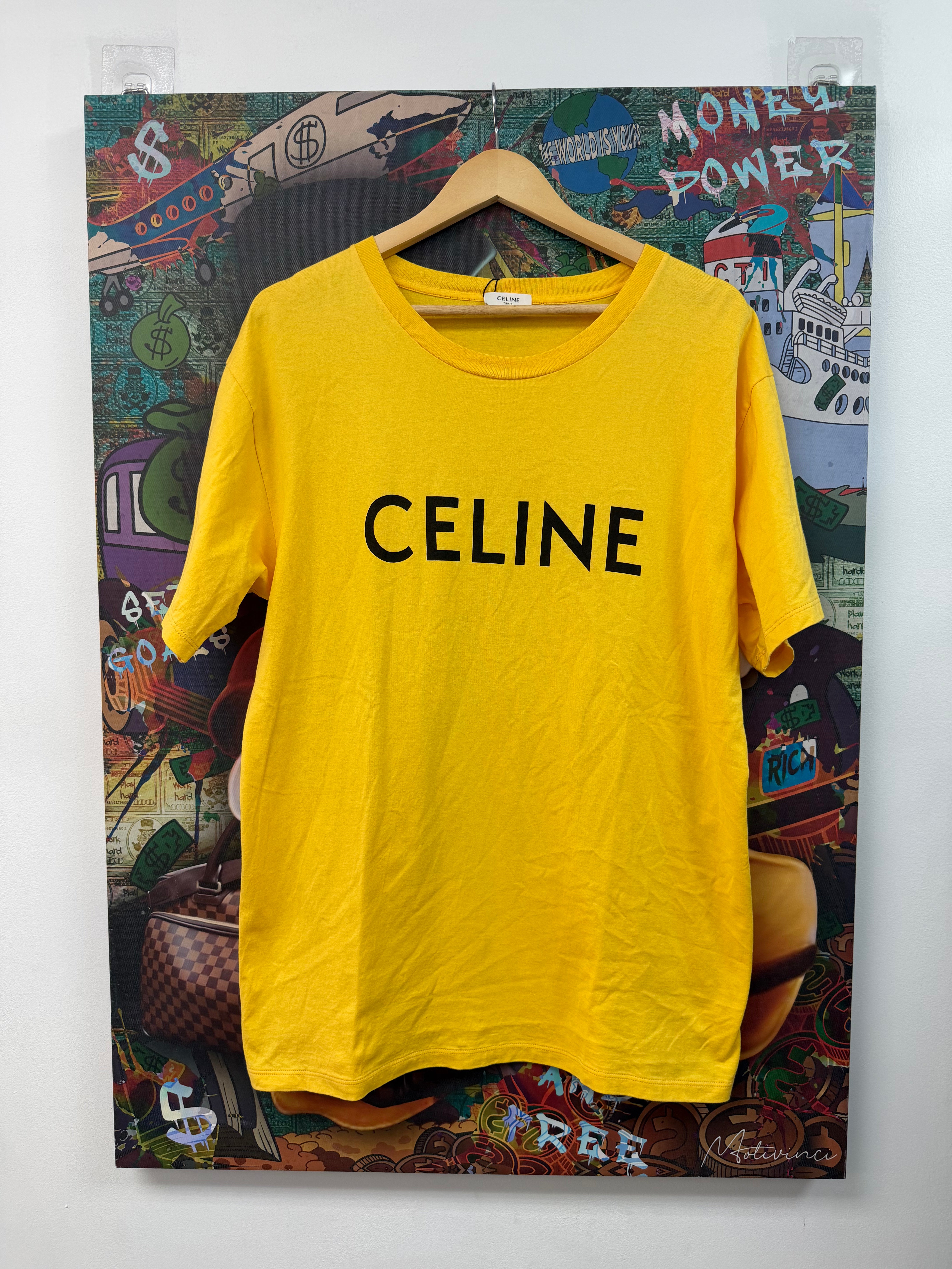Celine Yellow Black Spellout Logo Tee